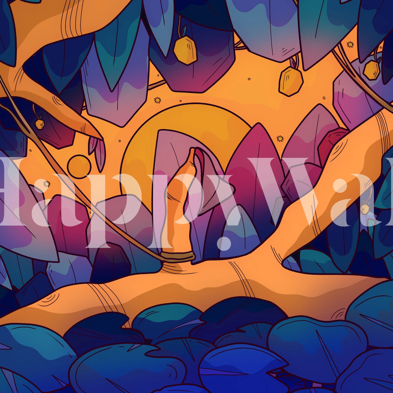 Tropical forest scene with deep blue leaves and sunset backdrop wallpaper