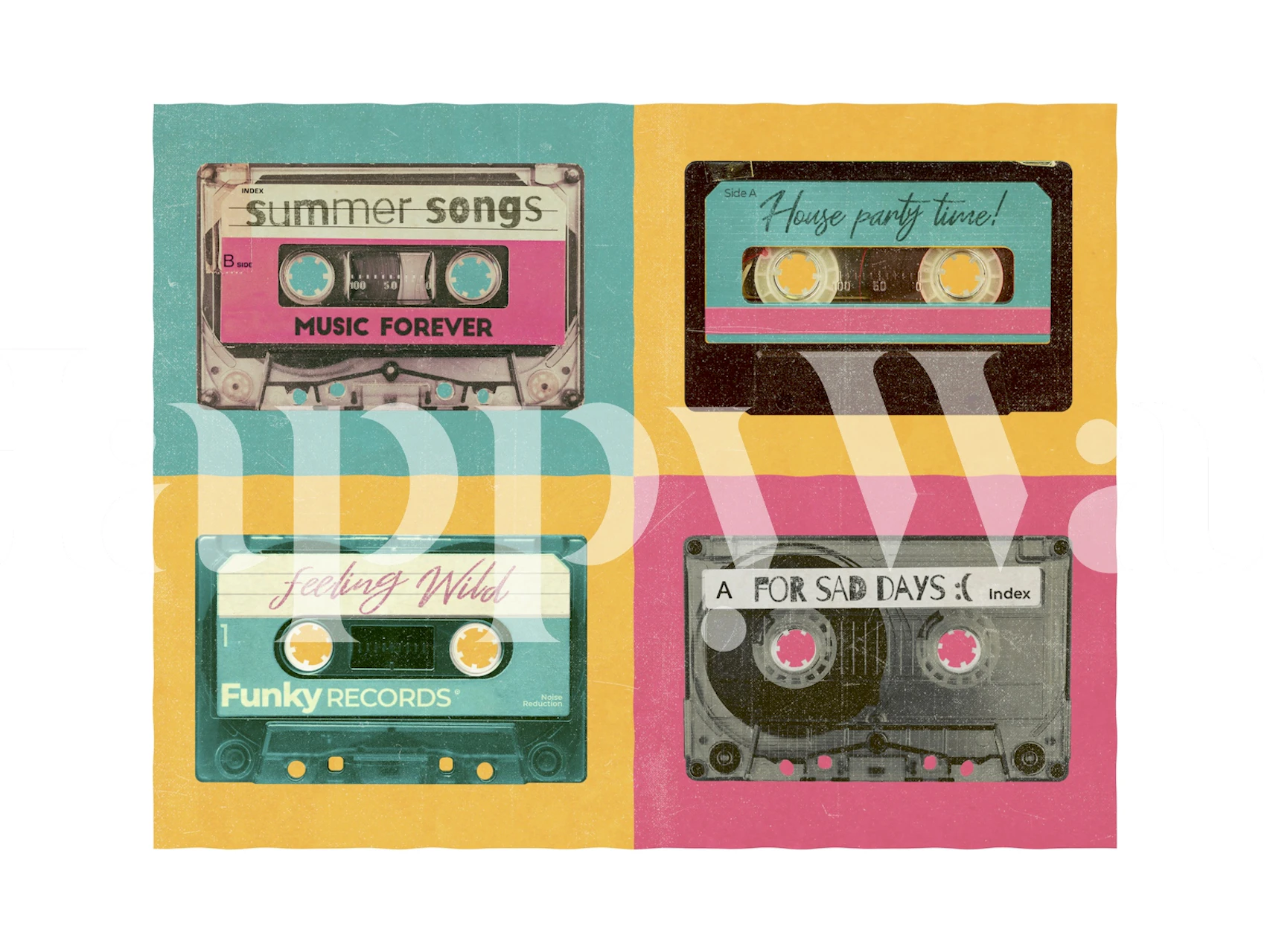 Retro cassette tapes in bright colors on a wallpaper mural