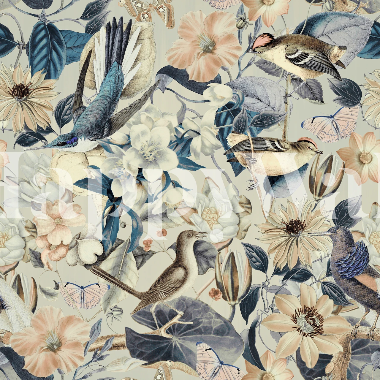 Nostalgic floral wallpaper featuring birds and flowers in soft shades