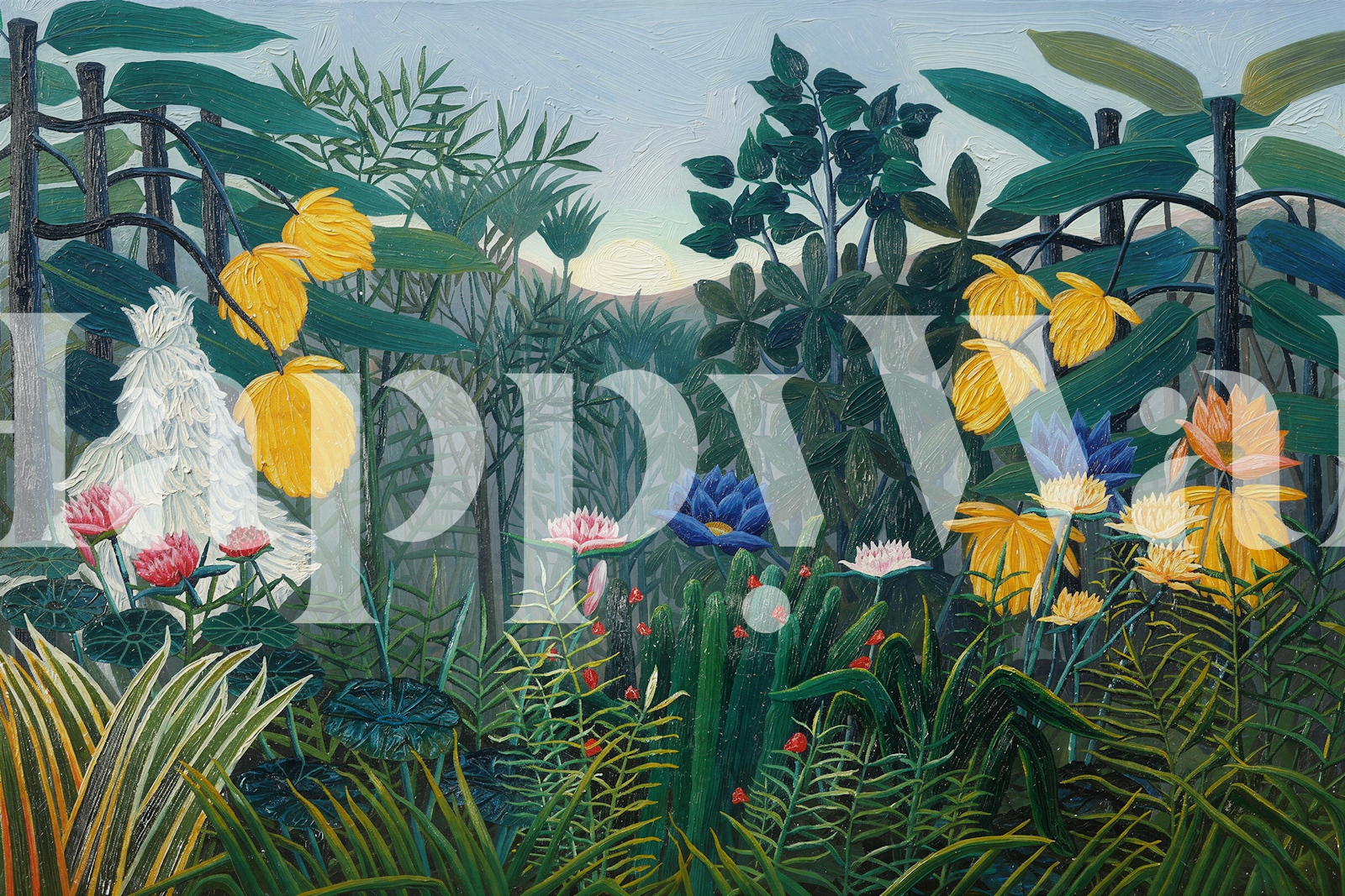 Vintage floral jungle wallpaper with green, yellow, and purple plants