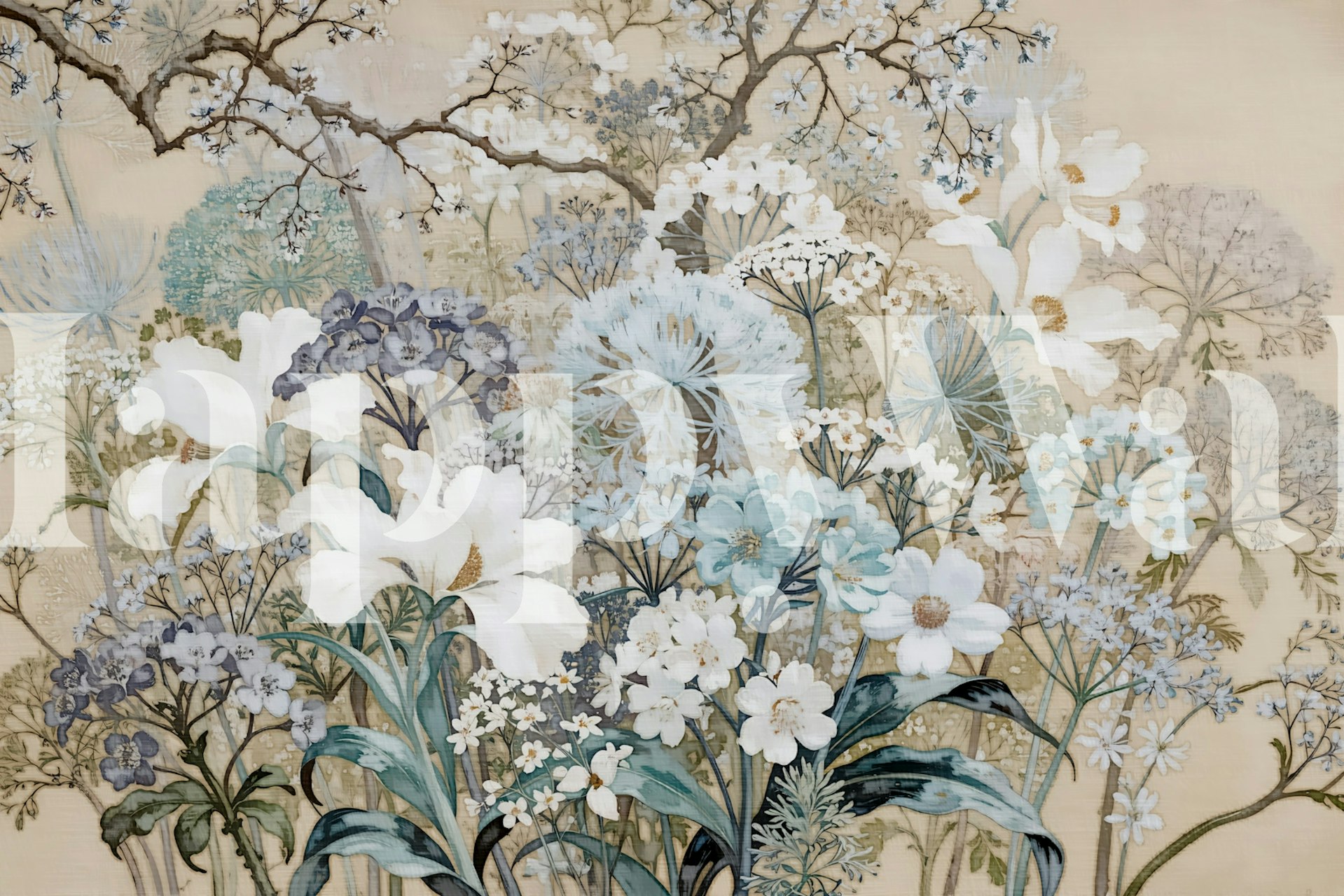 Hand-drawn botanical illustrations wall mural with soft green and subtle red accents on a clean background.