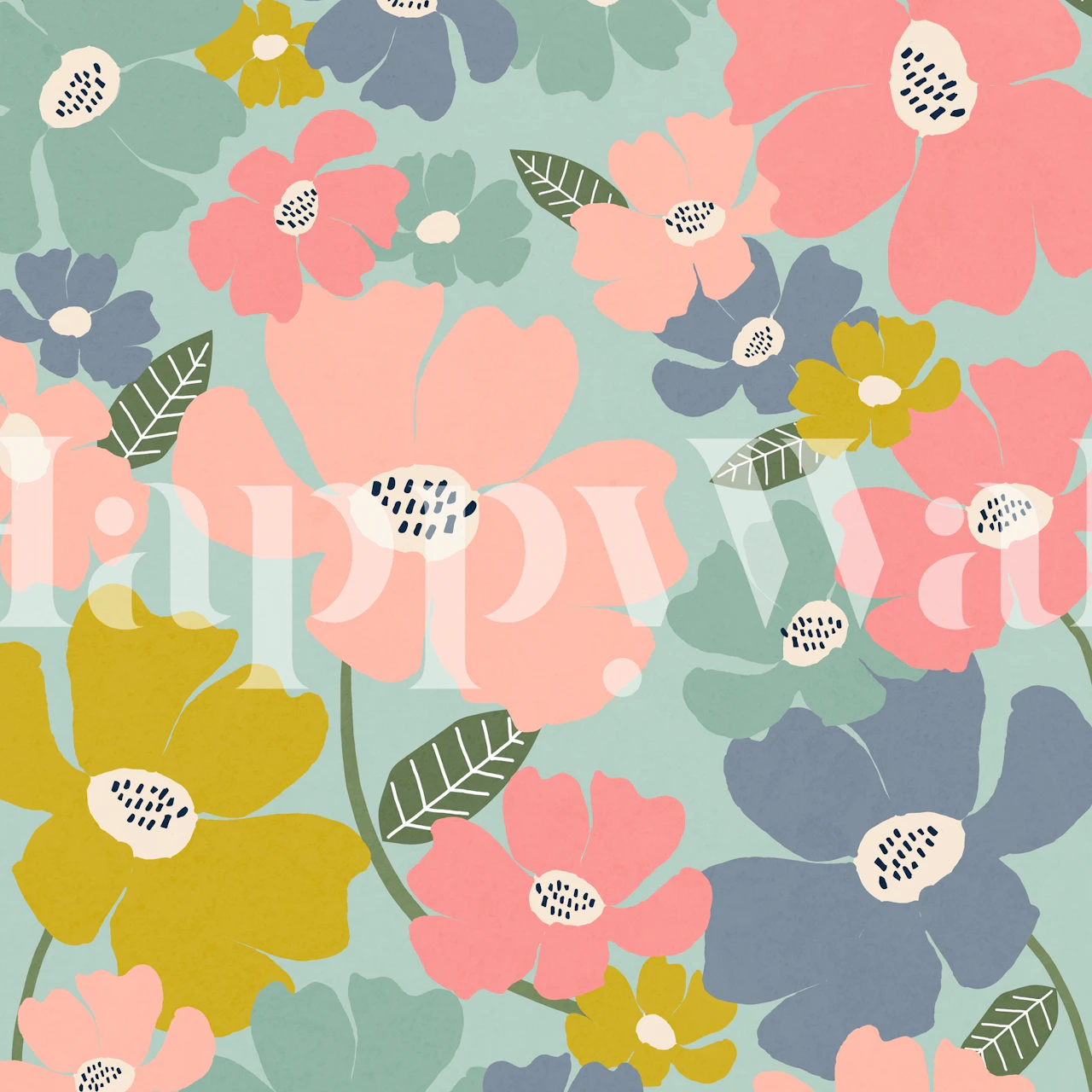 Colorful floral pattern with pink, blue, and yellow flowers wallpaper