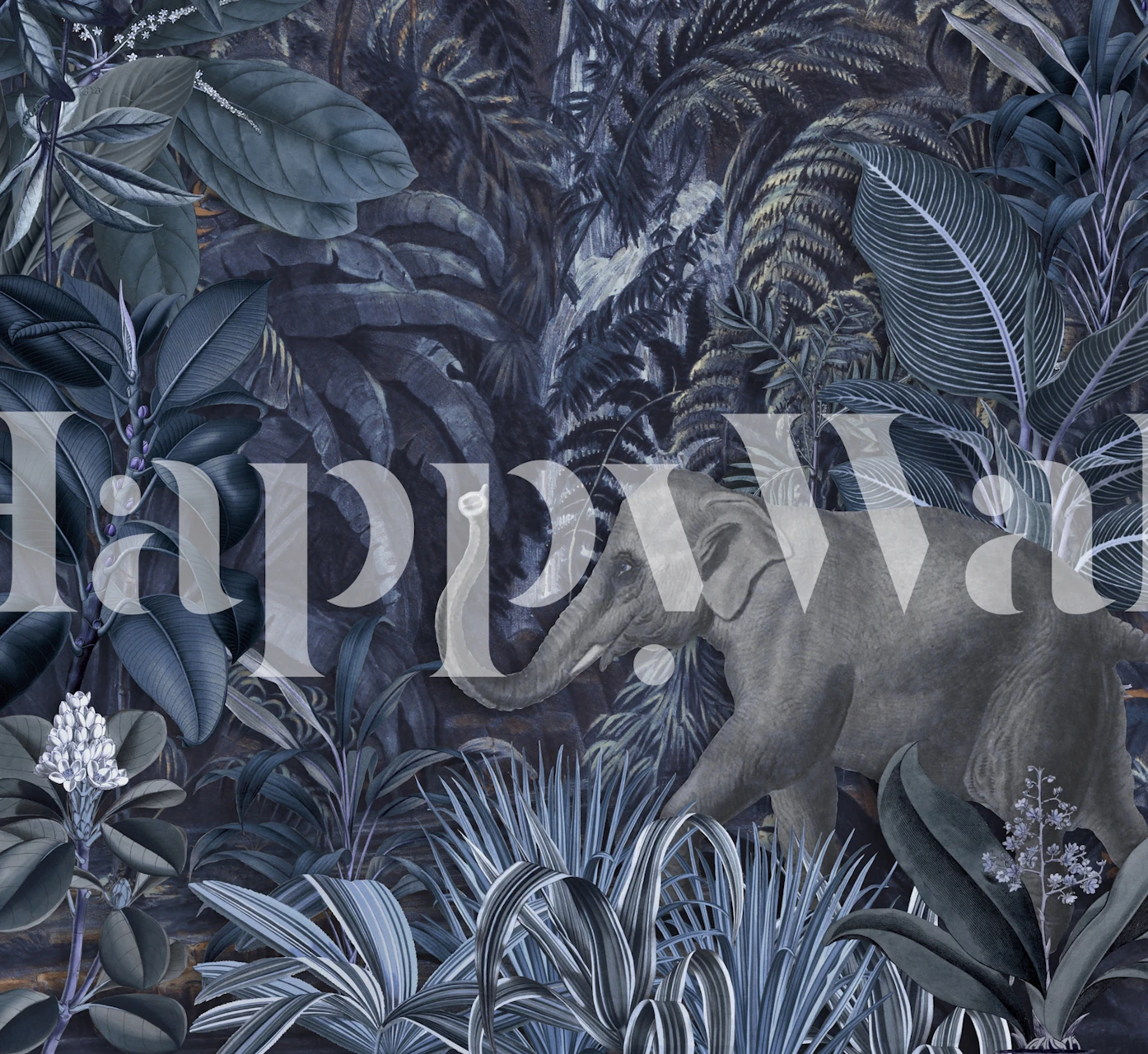 Midnight Blue Jungle Elephant tapet i rommet