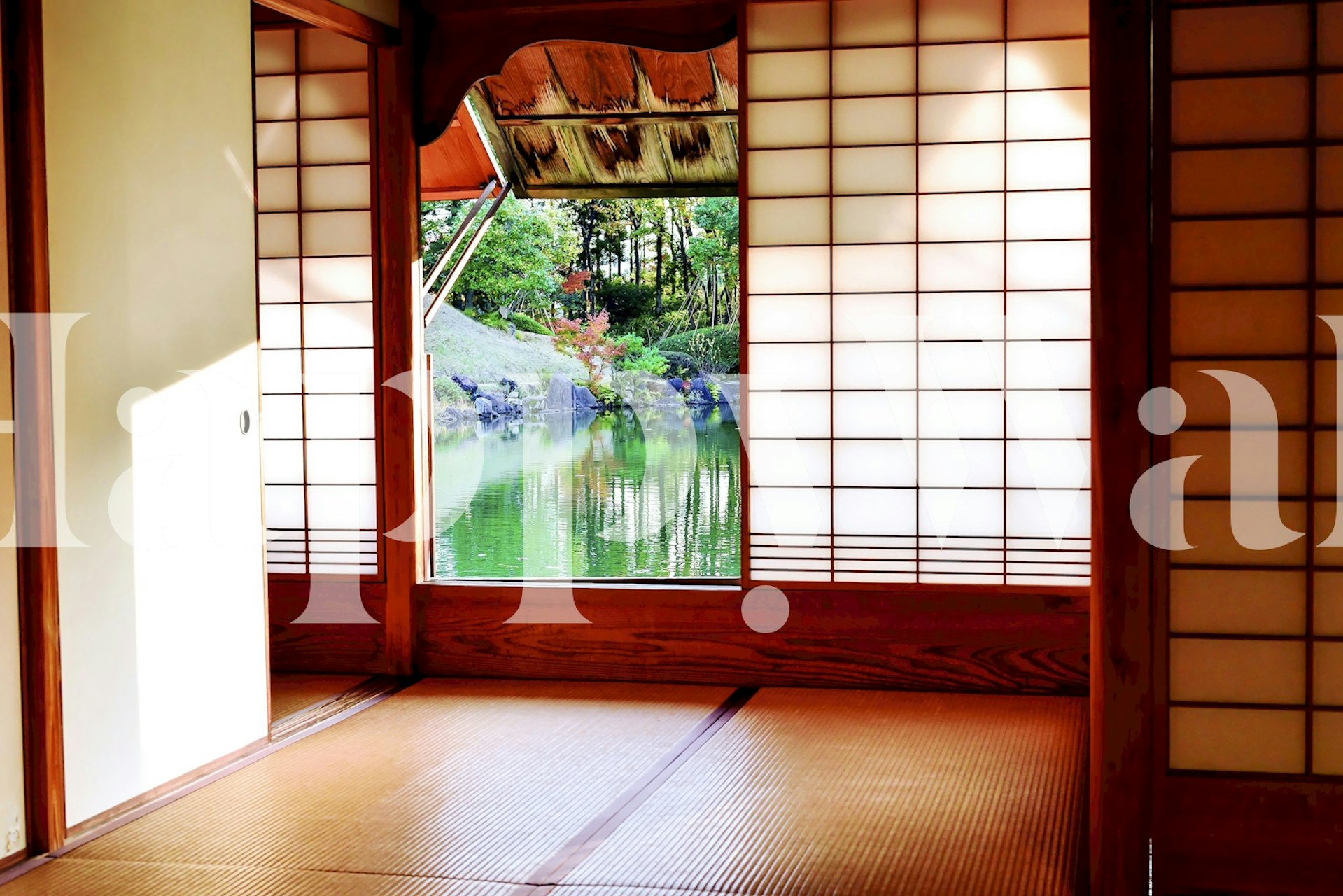 Porte shoji japonaise traditionnelle ouvrant sur un jardin zen papier peint mural