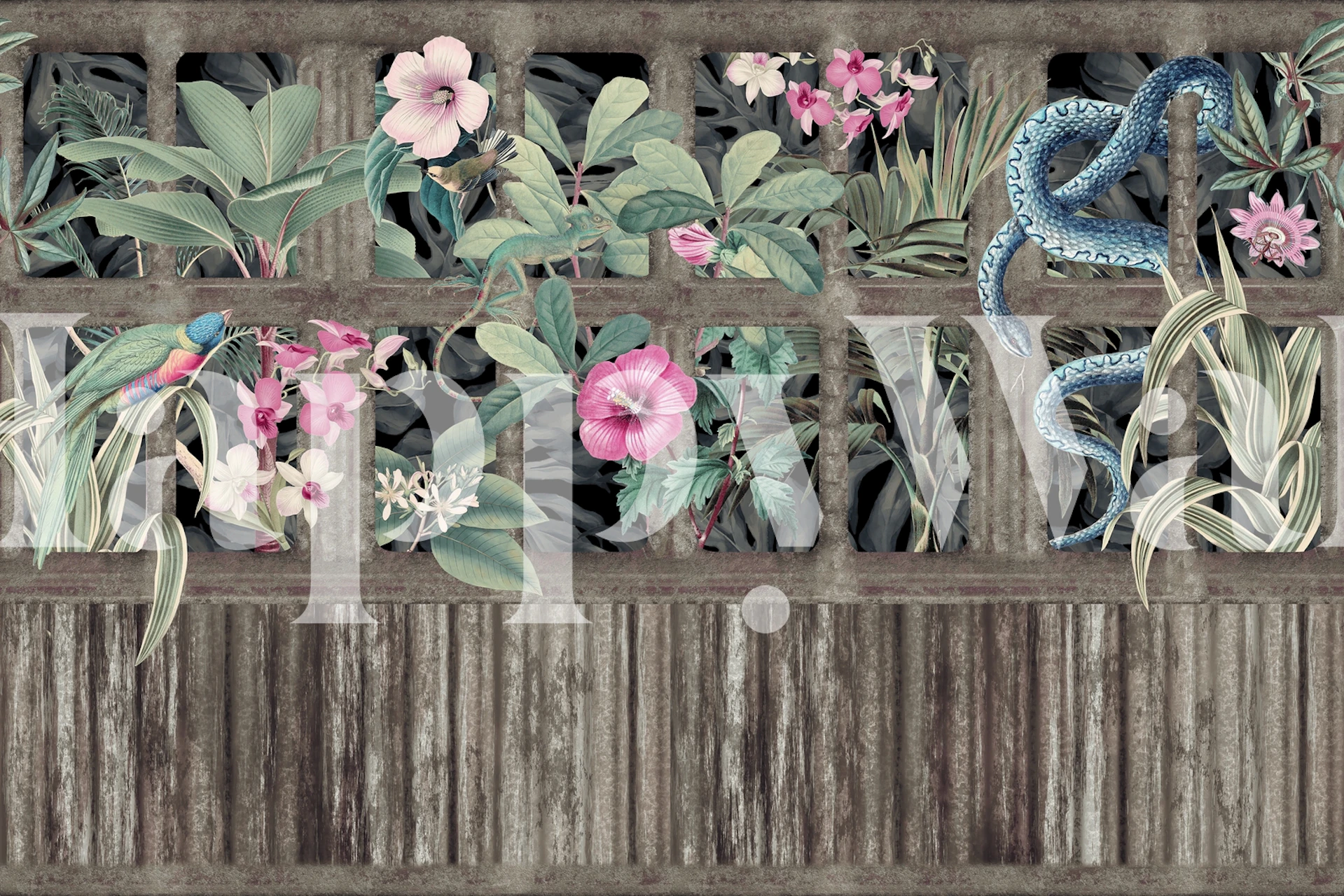 Exotic jungle-themed mural with snake and tropical flowers over a wooden texture background