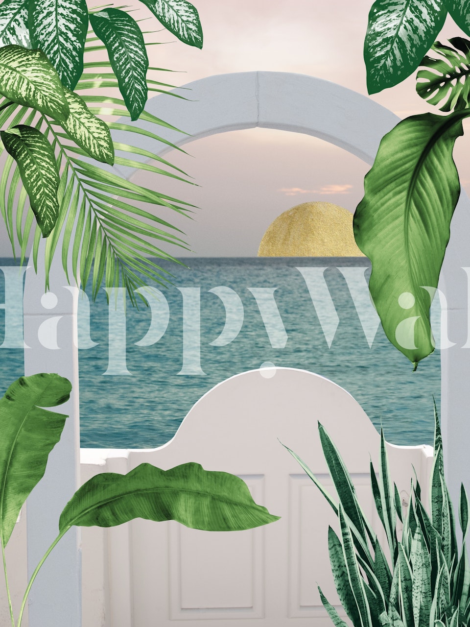 Santorini encontra mural de parede de Curaçao mostrando uma mistura de arcos brancos mediterrâneos e folhas tropicais com vista para o mar