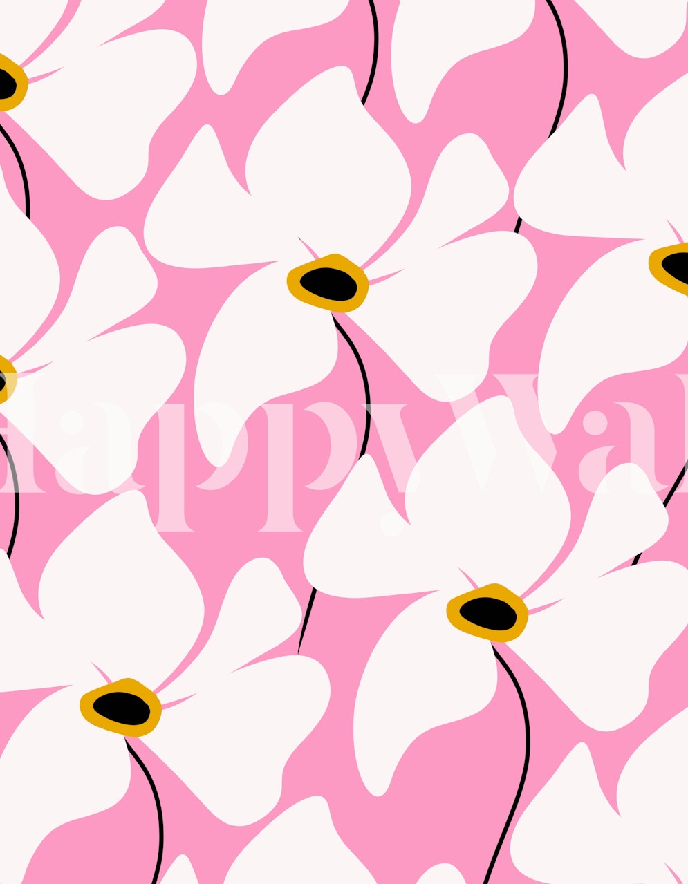 Large white flowers with black outlines on pink background wallpaper