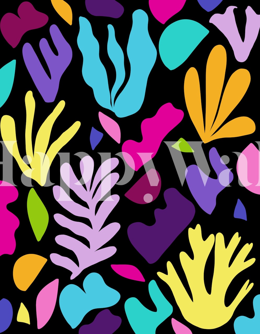 Farverigt abstrakt havgræs og former vægmaleri på en sort baggrund