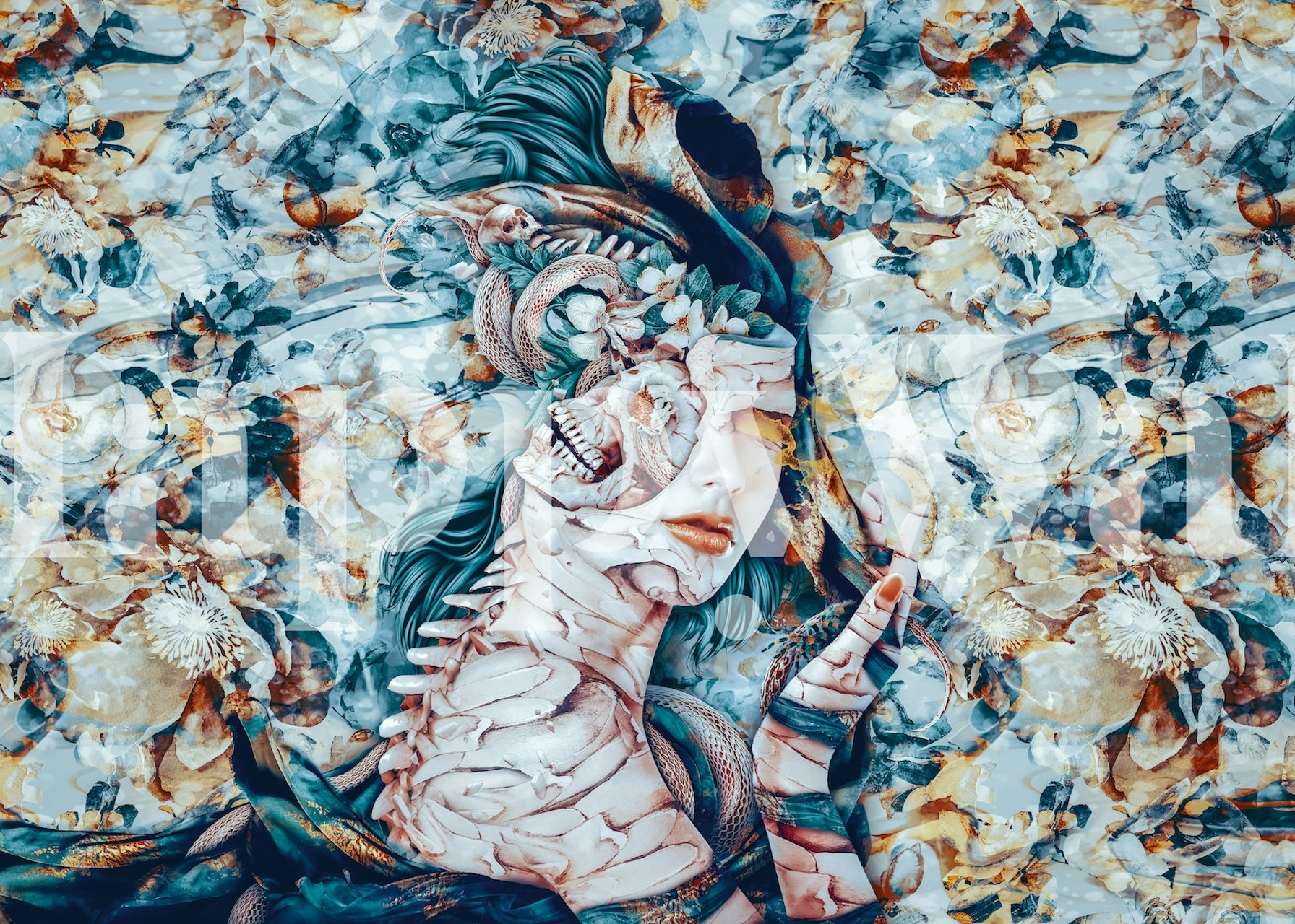 Floral and snake motifs in blue, orange, and beige wallpaper