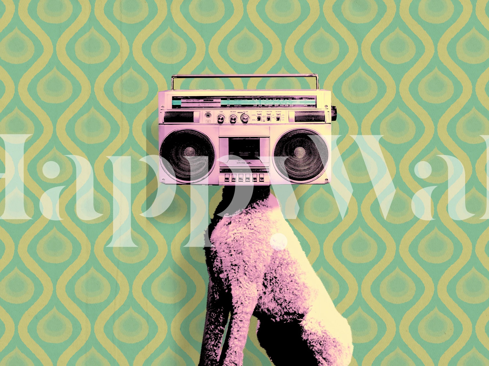 Uma ilustração peculiar de um cachorro com um boombox retrô em um fundo com padrão geométrico