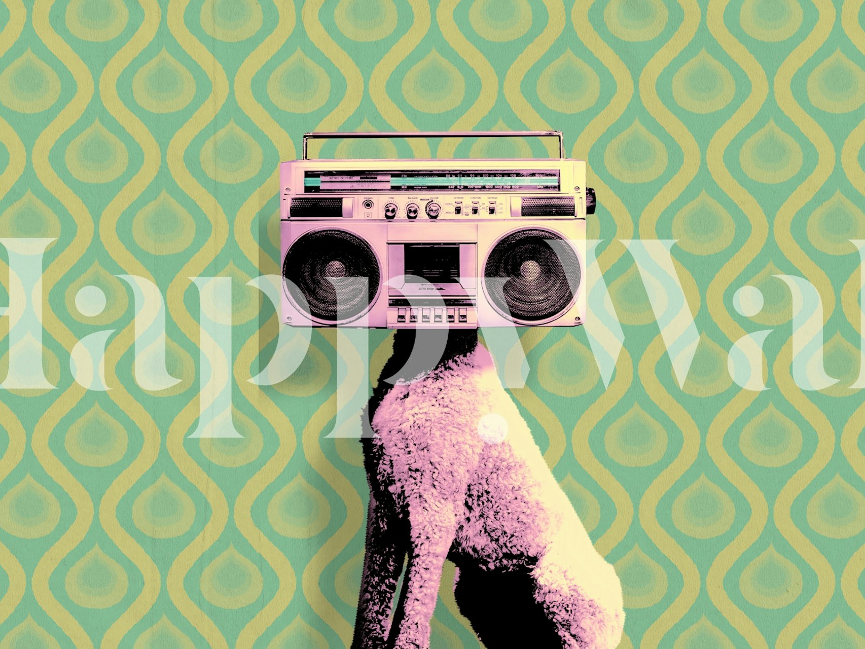 En finurlig illustration af en hund med en retro boombox på en geometrisk mønstret baggrund