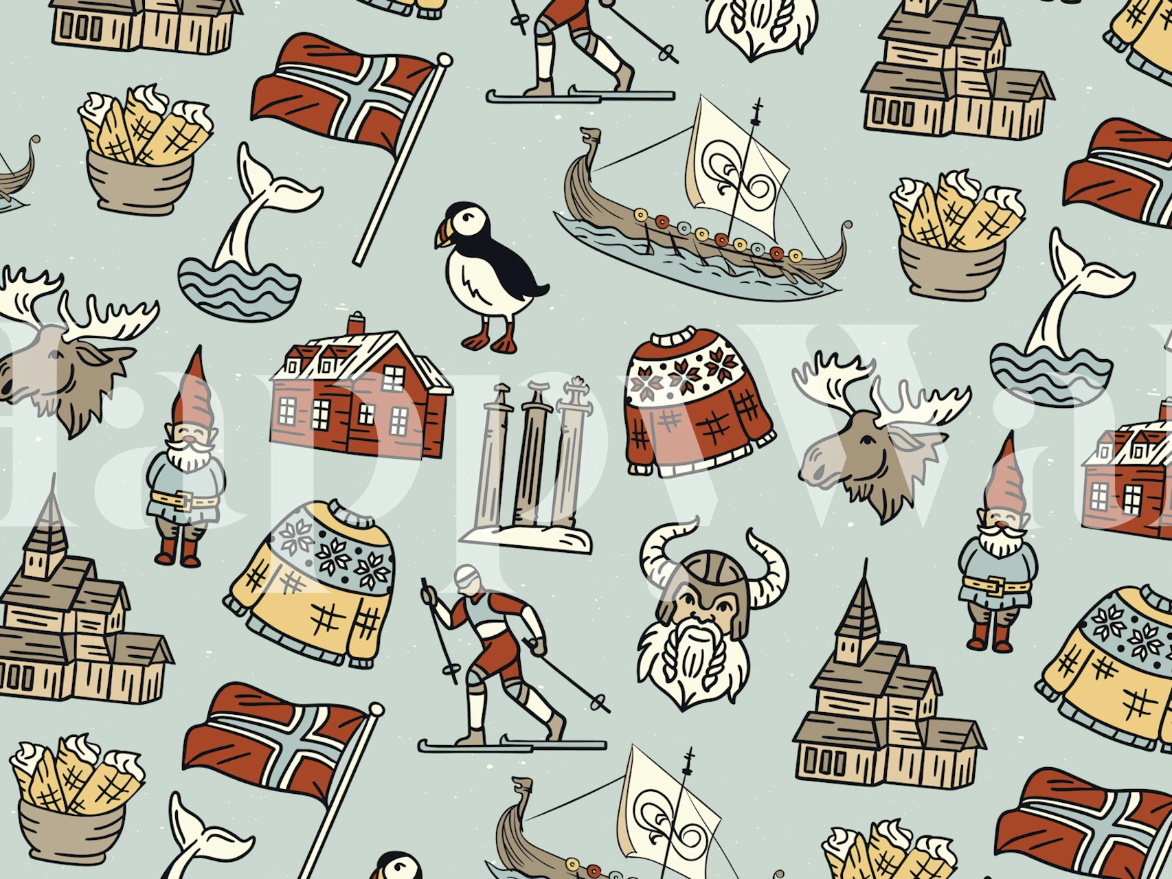 Norwegian themed wall mural with Viking ships, puffins, and traditional houses in a retro pattern.