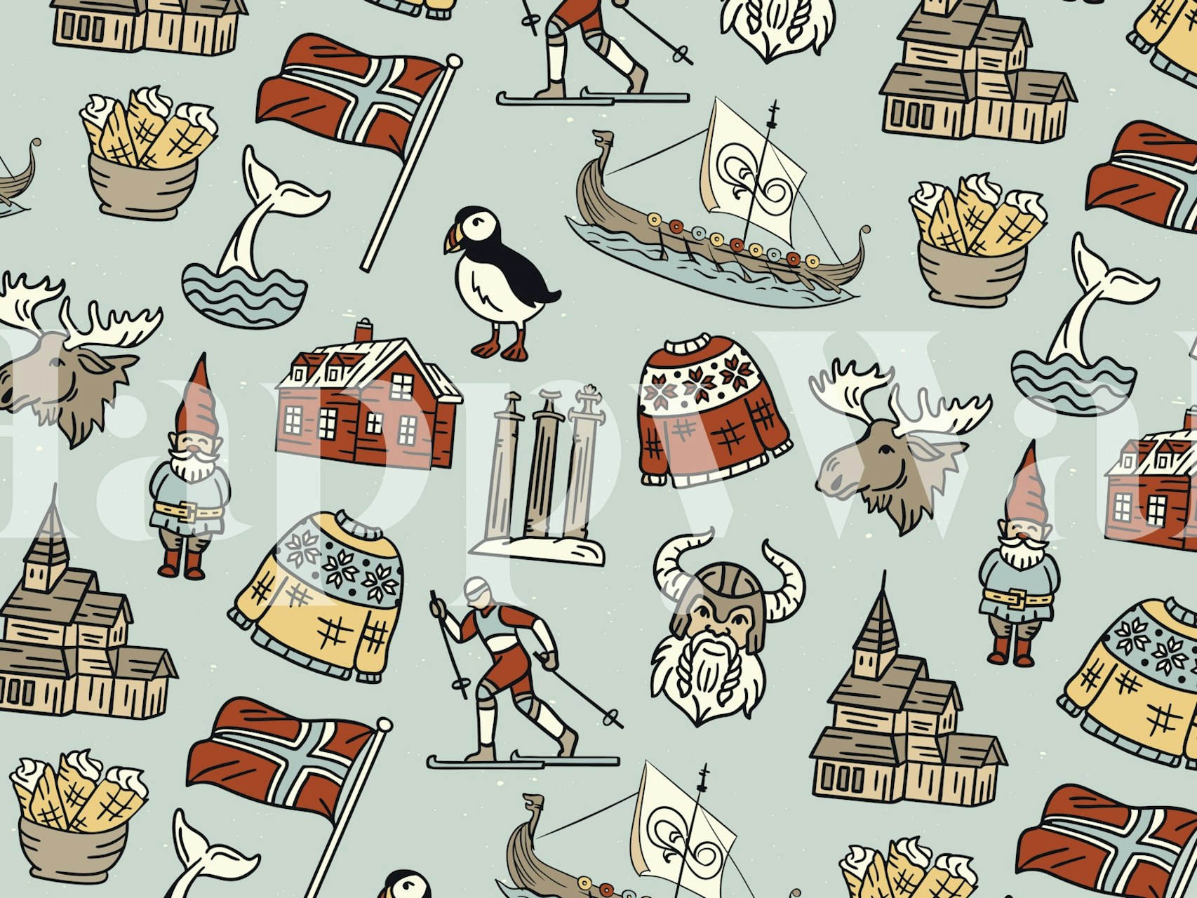 Norwegian themed wall mural with Viking ships, puffins, and traditional houses in a retro pattern.
