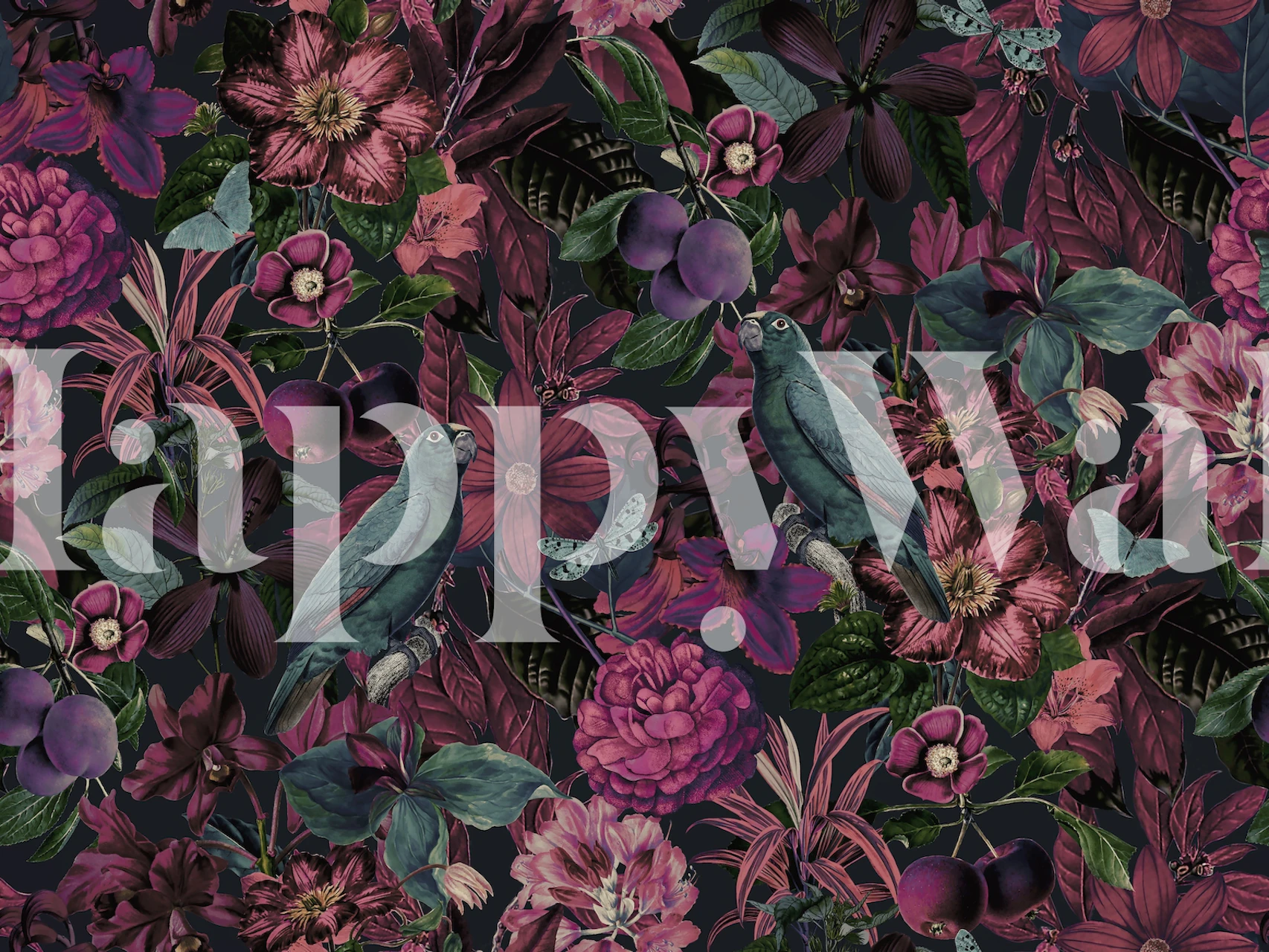 Burgundy bloemen en tropical vogels op een donker achtergrond wallpaper