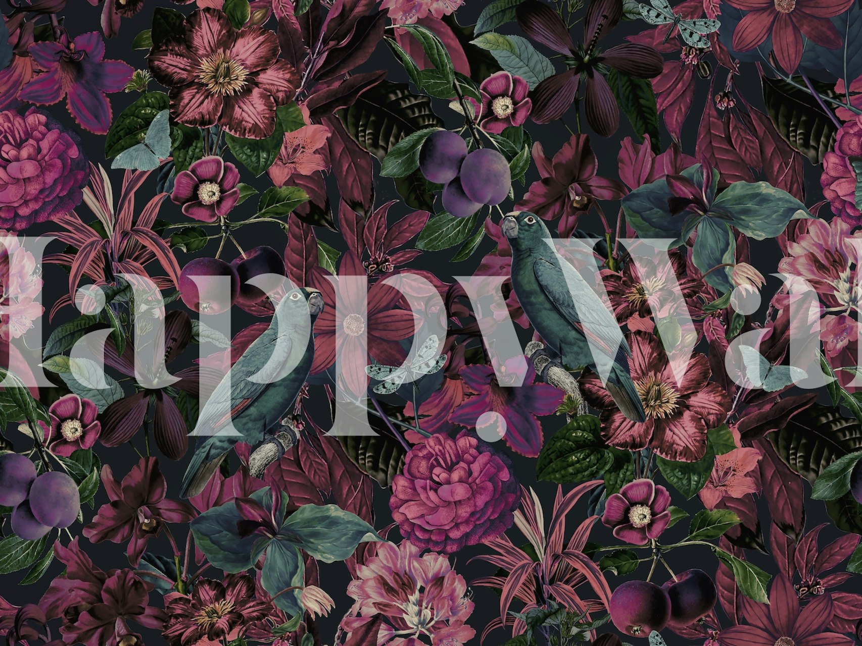 Burgundy floral jungle wallpaper with tropical flowers and green leaves