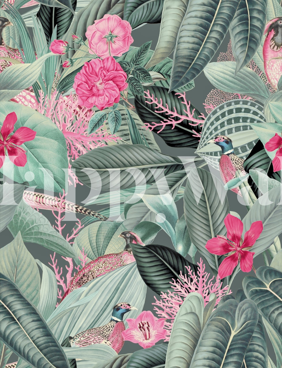 Tropical leaves and pink flowers wallpaper in green and pink colors