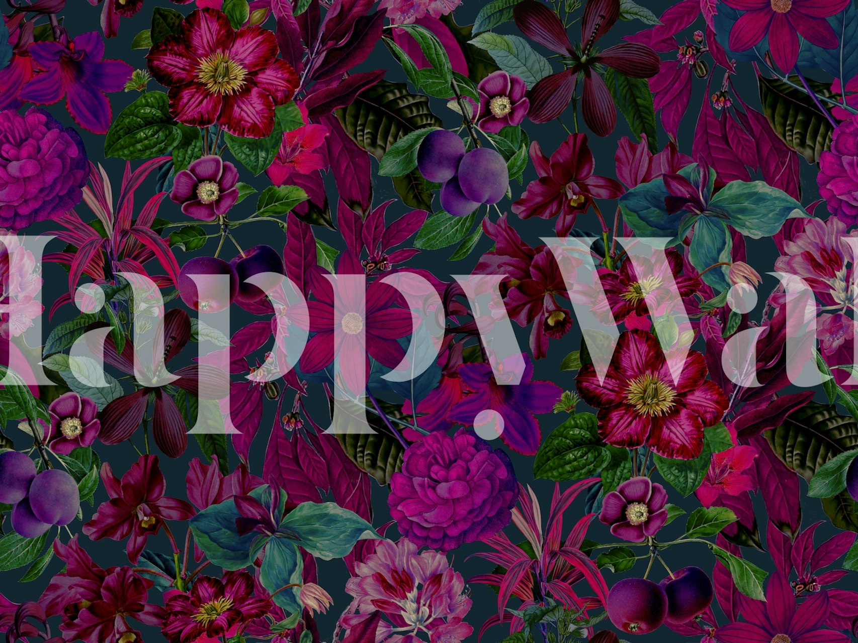 Colorful floral wall mural with dense jungle flowers in purple and pink shades