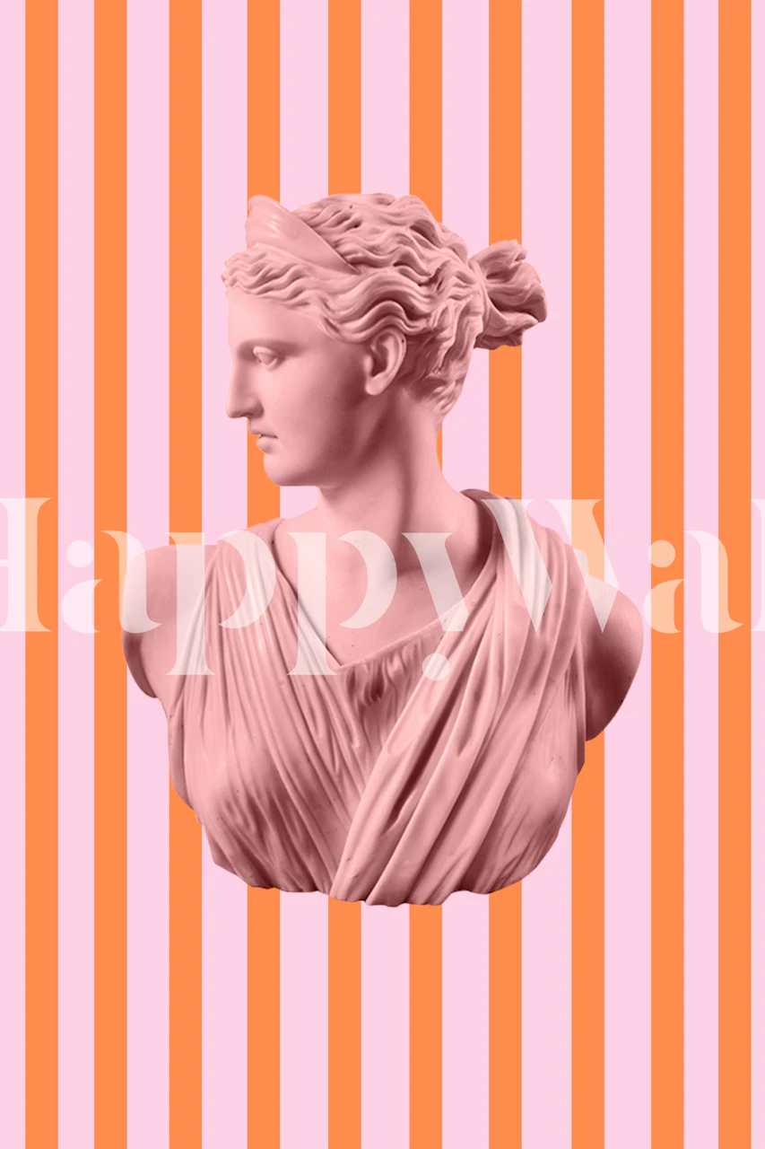 Pink and orange striped wallpaper featuring a classical statue wall mural