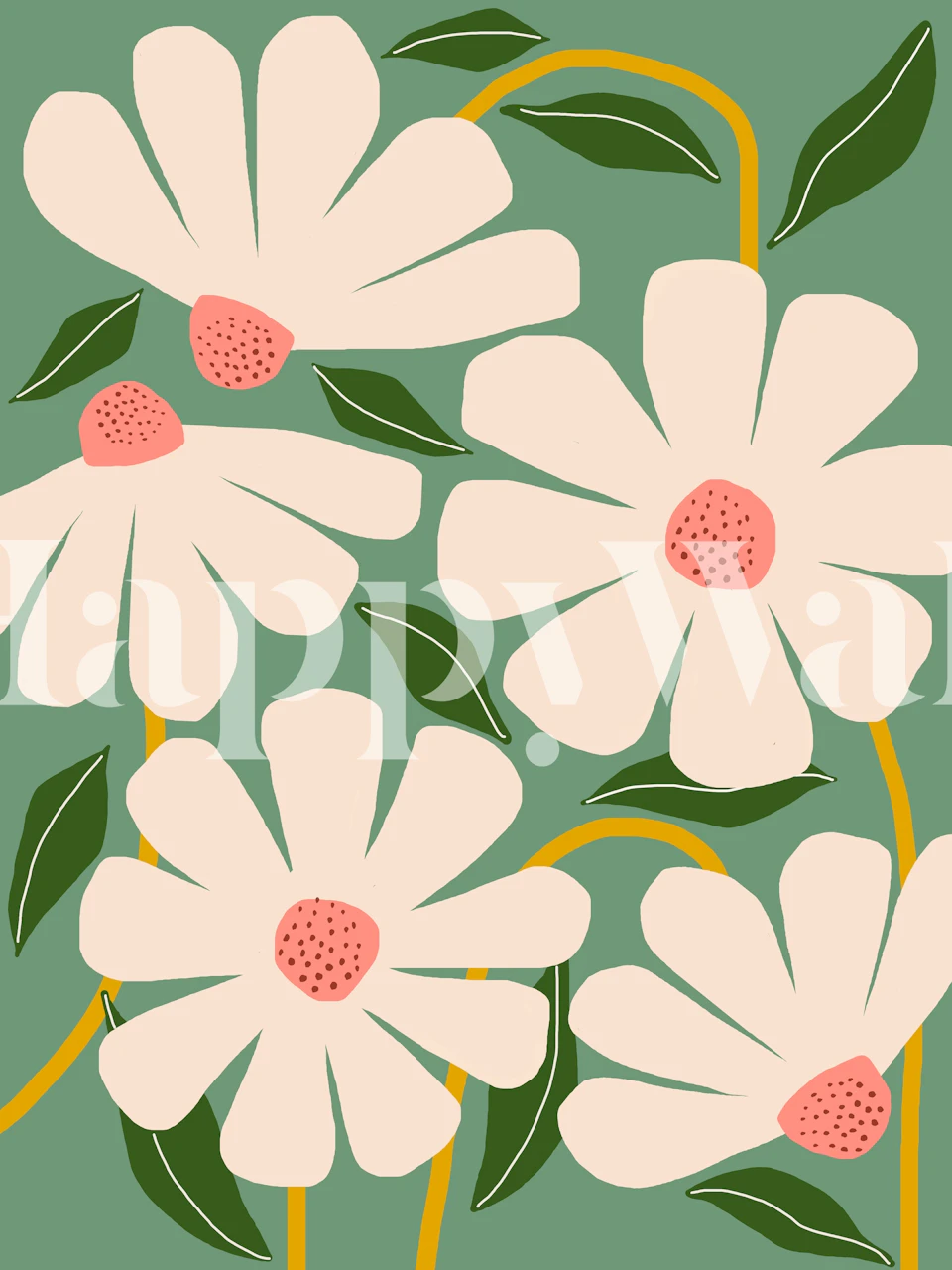 Floral pattern with pink daisies and green leaves, botanical wallpaper
