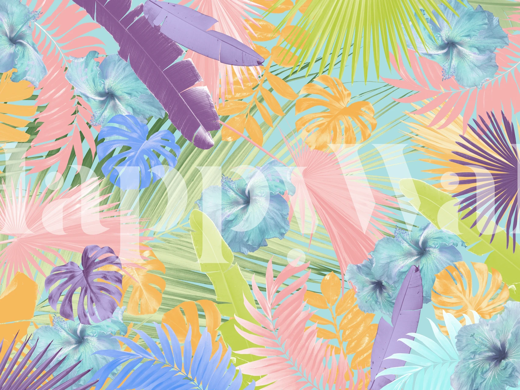 Pastellfarget veggmaleri med hibiskus og tropiske blader