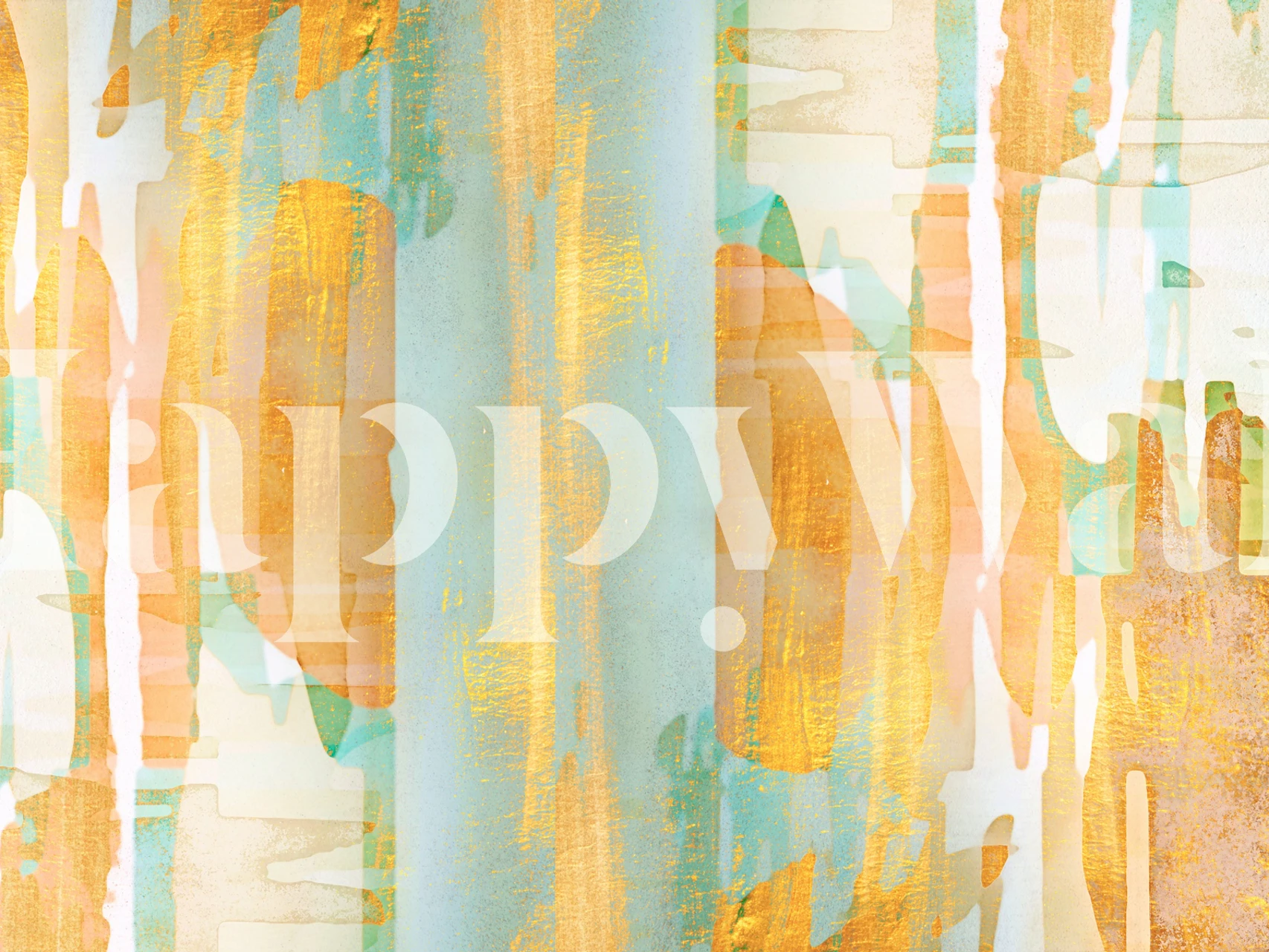 Abstract aqua and gold wallpaper in a room