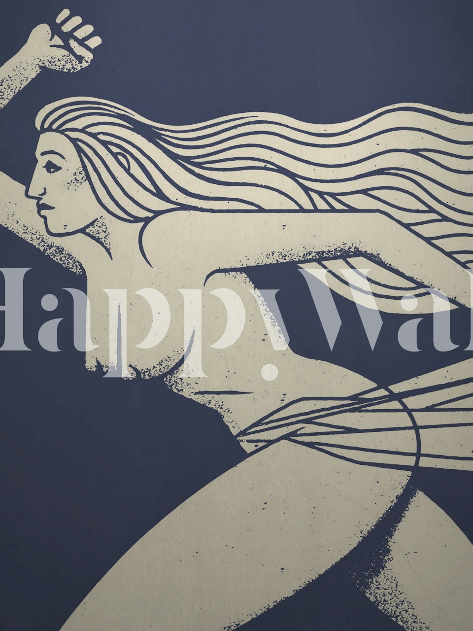 Illustrated wall mural of a woman moving forward with strength and determination in navy blue and beige