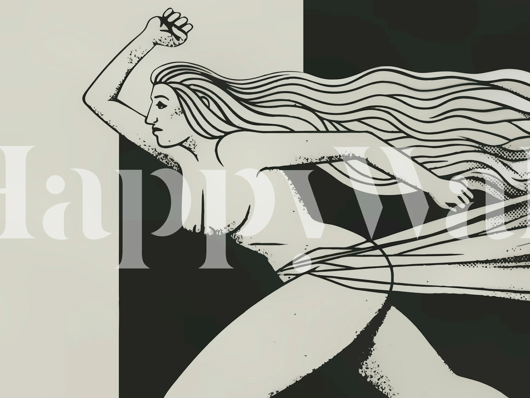 Illustrated wall mural of a woman moving forward with strength and determination in navy blue and beige