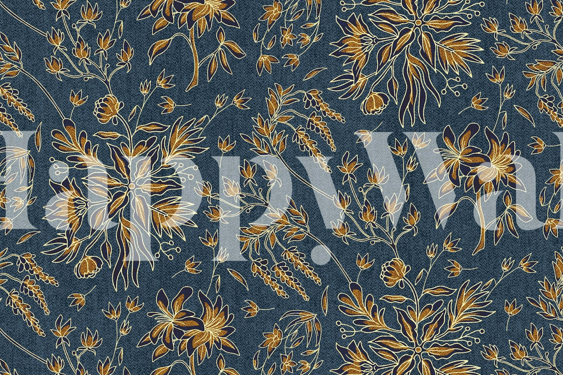 Mid century floral design with blue background and gold accents wallpaper