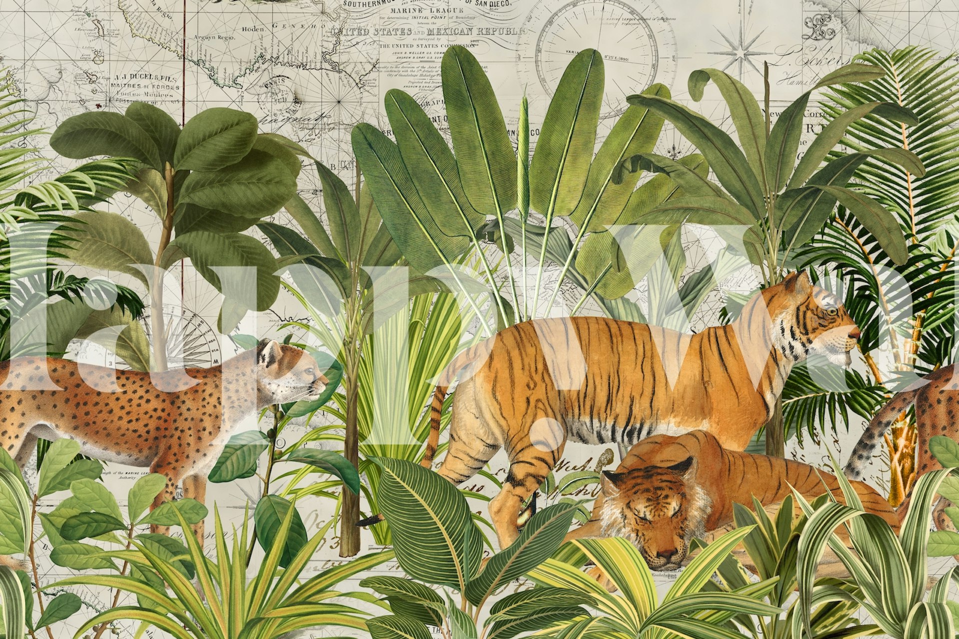 Vintage-style wall mural featuring tigers and lush greenery