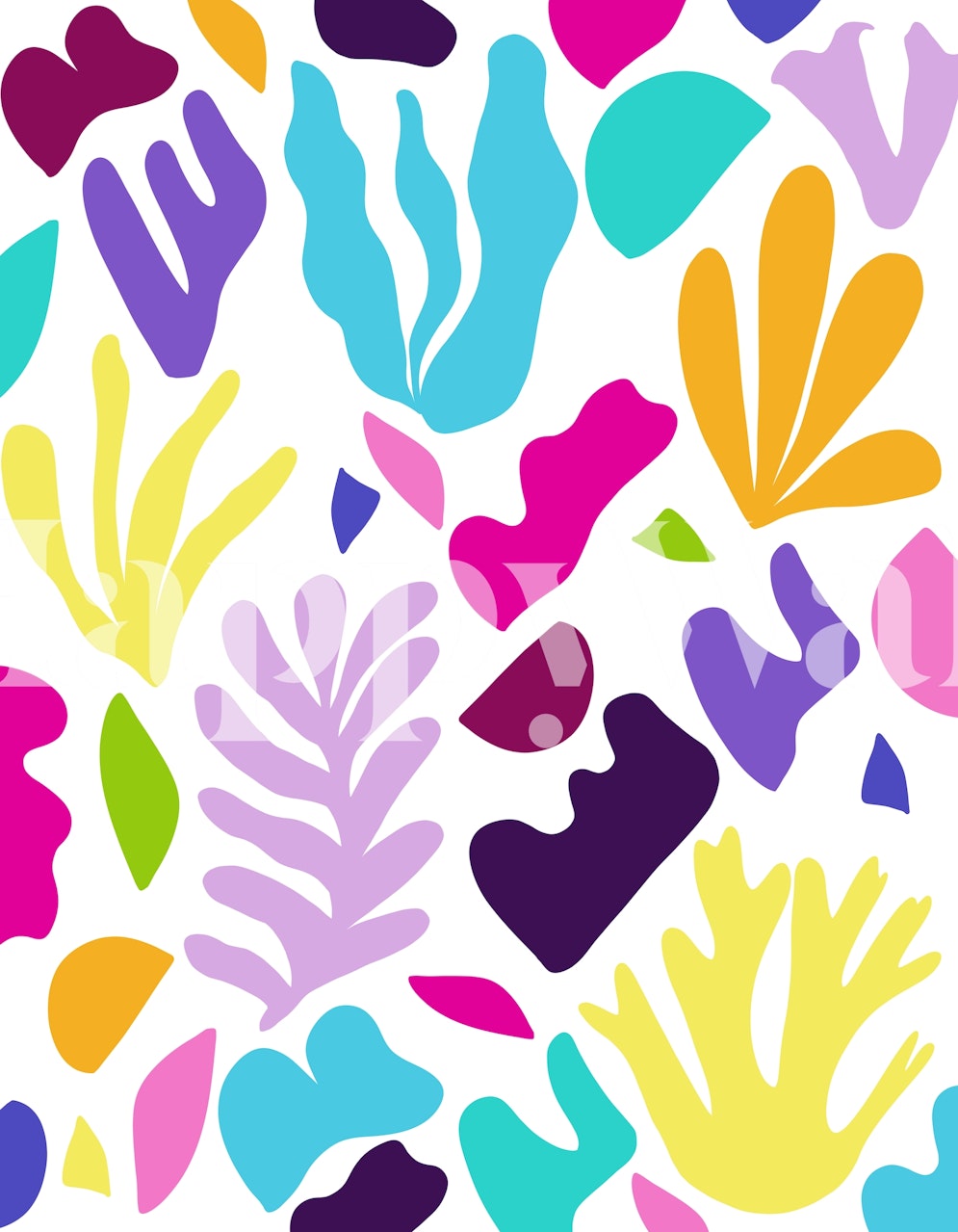 Colorful abstract floral shapes in light blue, pink, purple, and green wallpaper