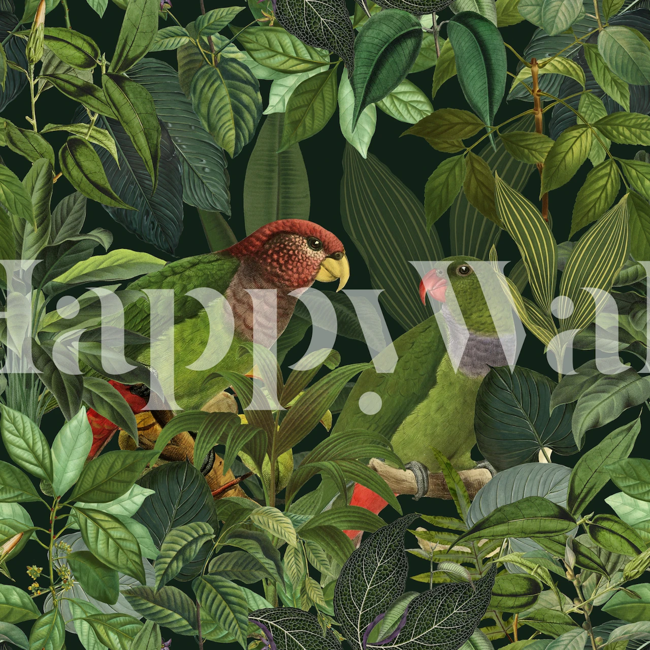 Green parrots amid lush leaves and vibrant greenery wallpaper