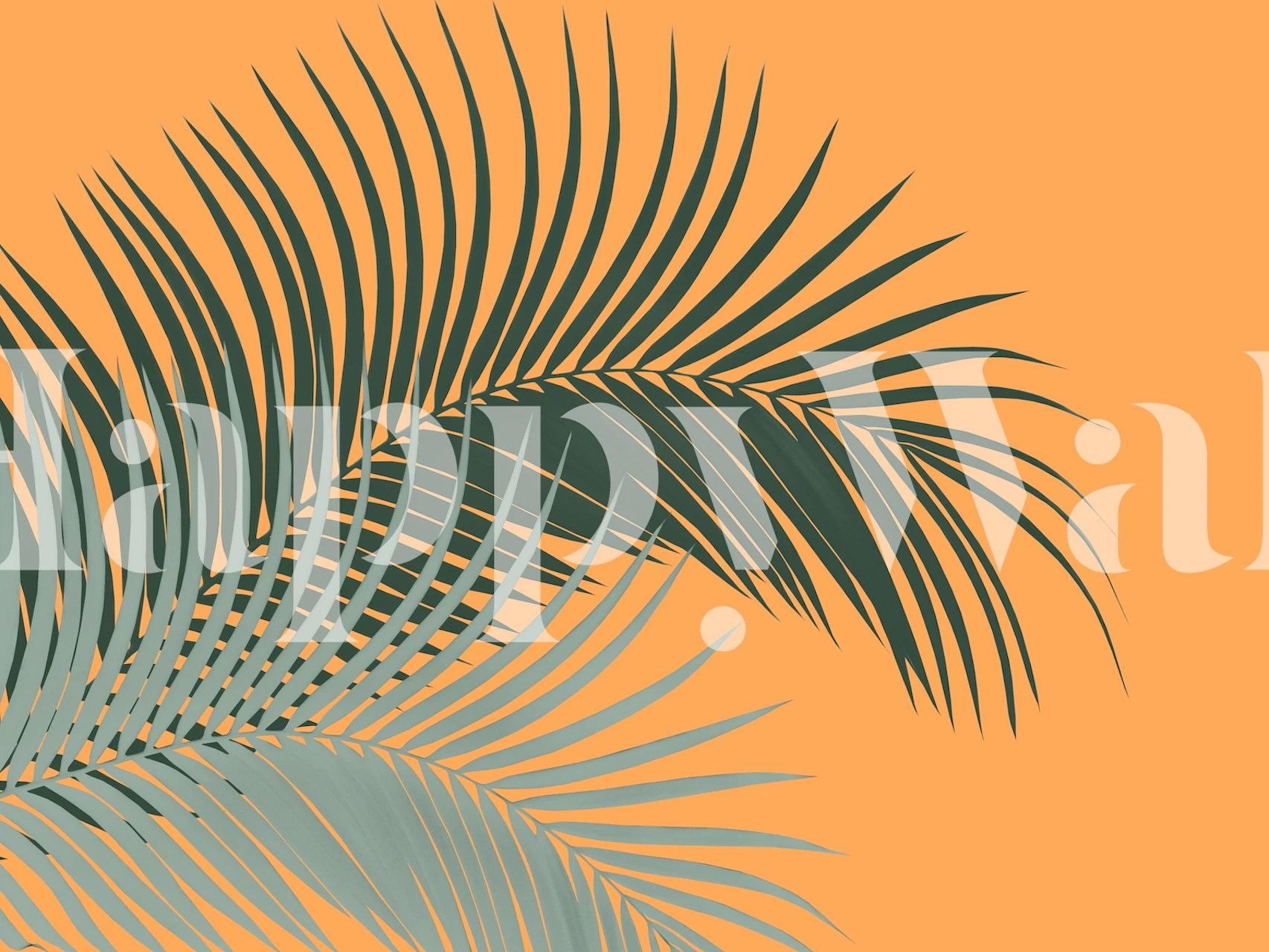 Green palm leaves on an orange background wallpaper