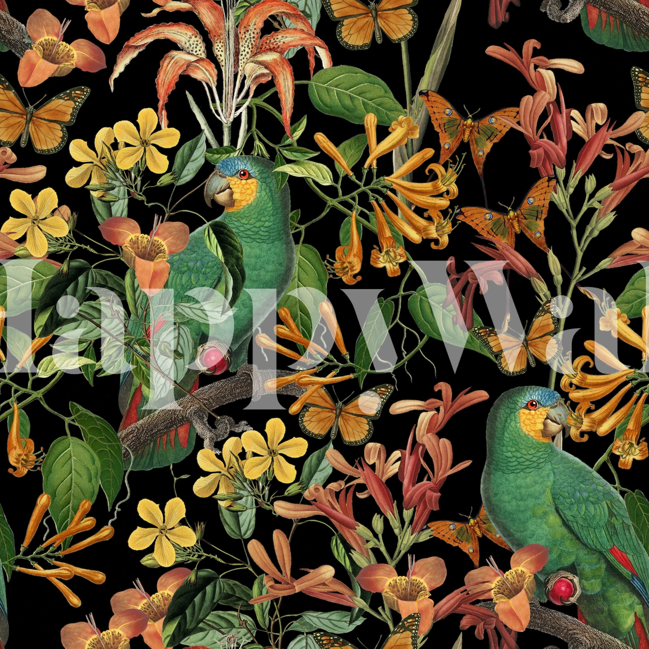 Green parrots and colorful flowers on a black background wallpaper