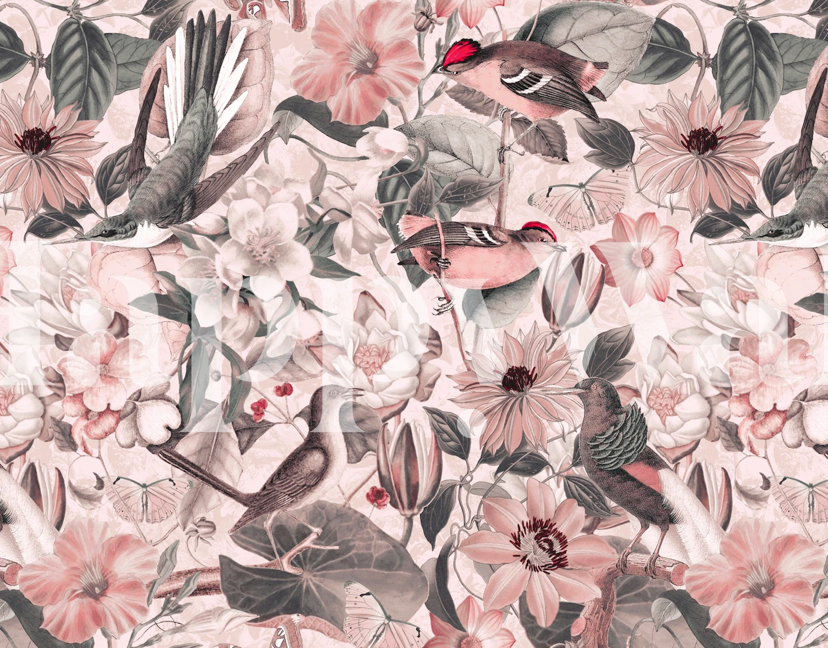 Udsøgt pink flora og fauna vægmaleri med fugle og blomster skaber en fredfyldt junglehavestemning