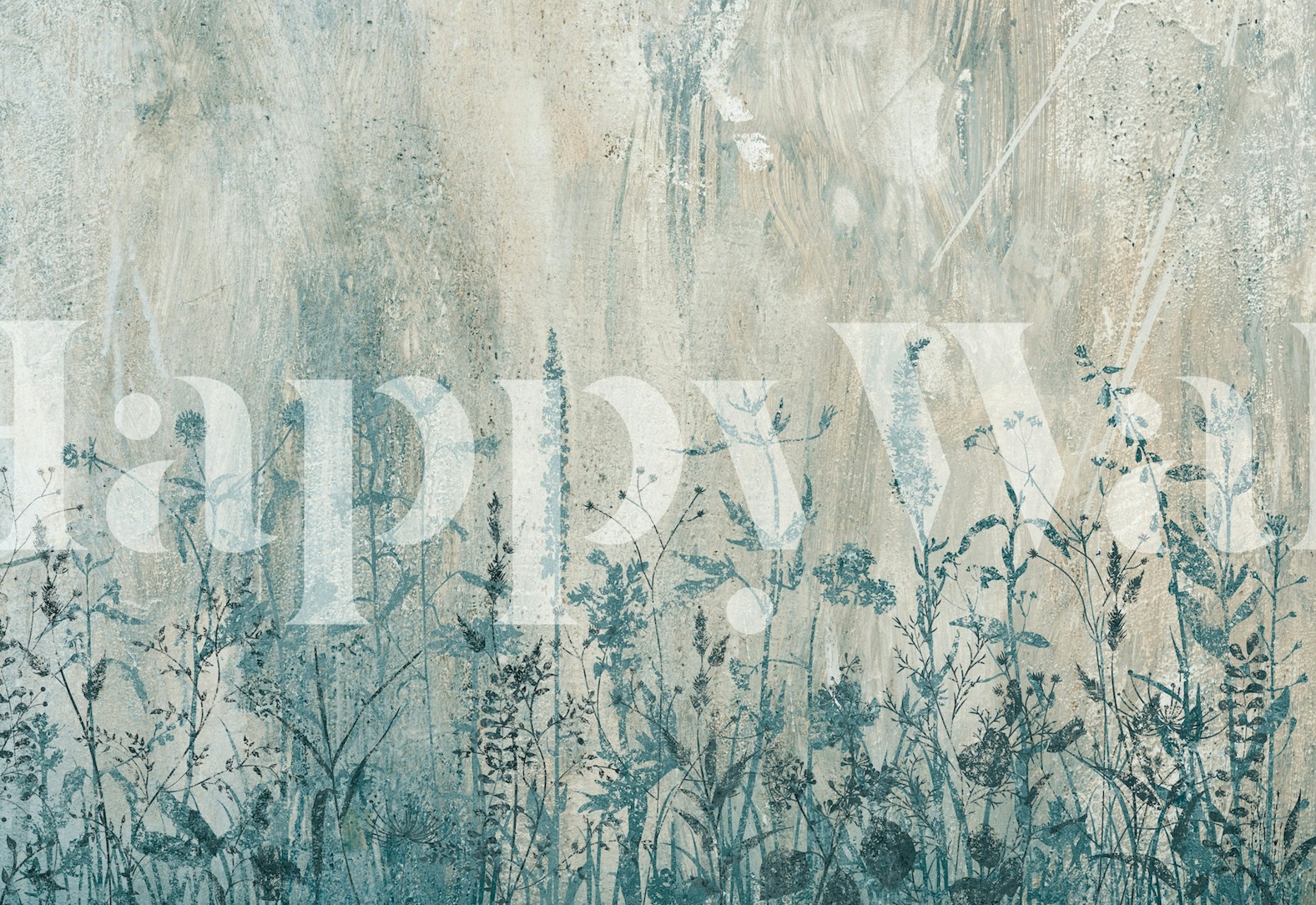 Floral silhouettes in blue and green on textured background wallpaper