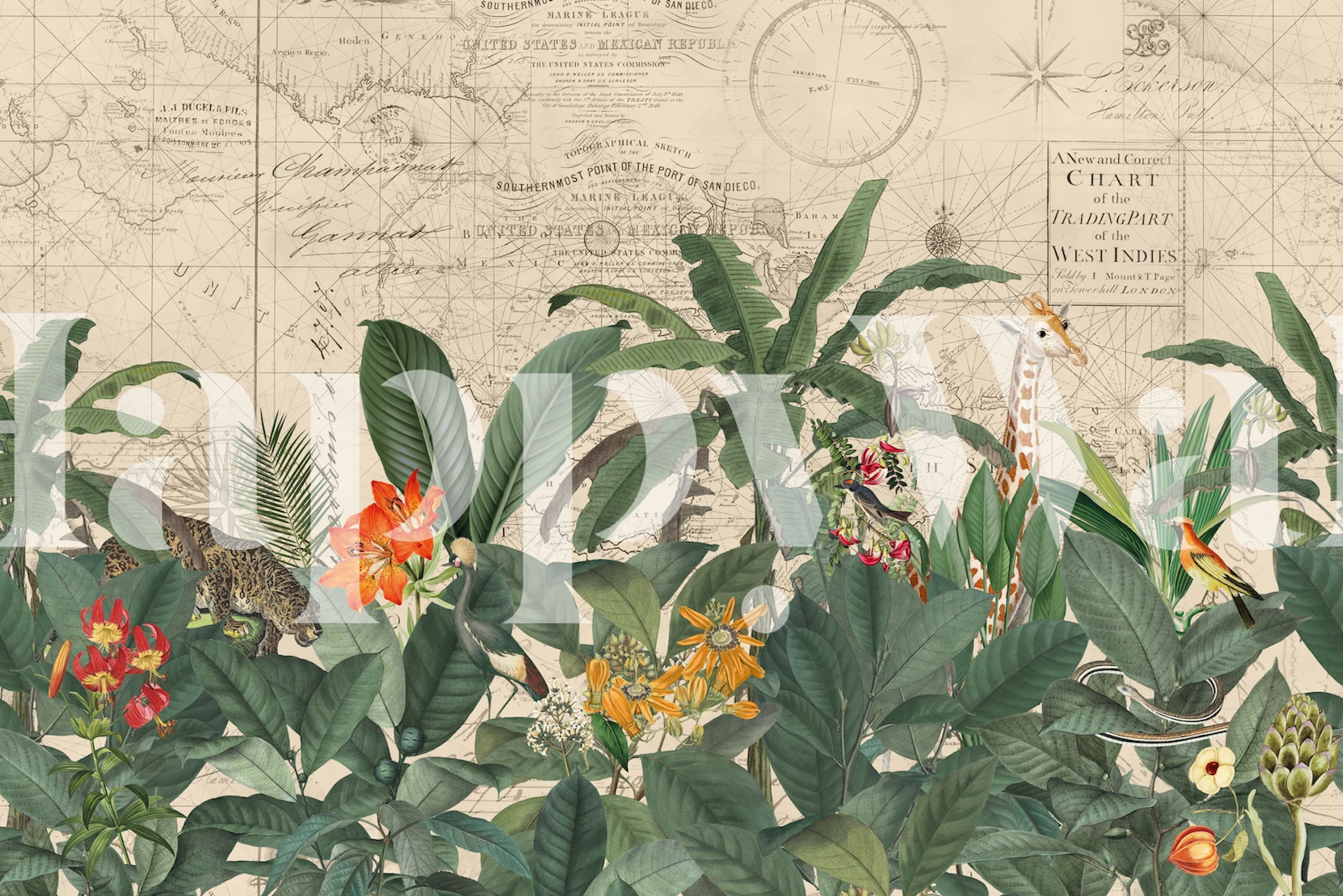 Vintage world wallpaper with tropical plants and wildlife