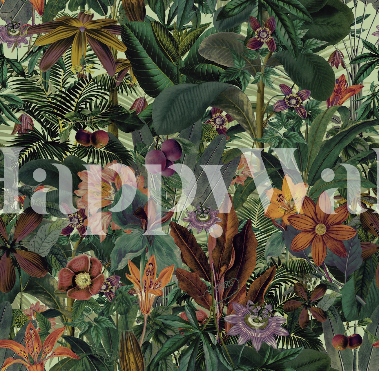 Vibrant floral jungle design with green and colorful flowers wallpaper