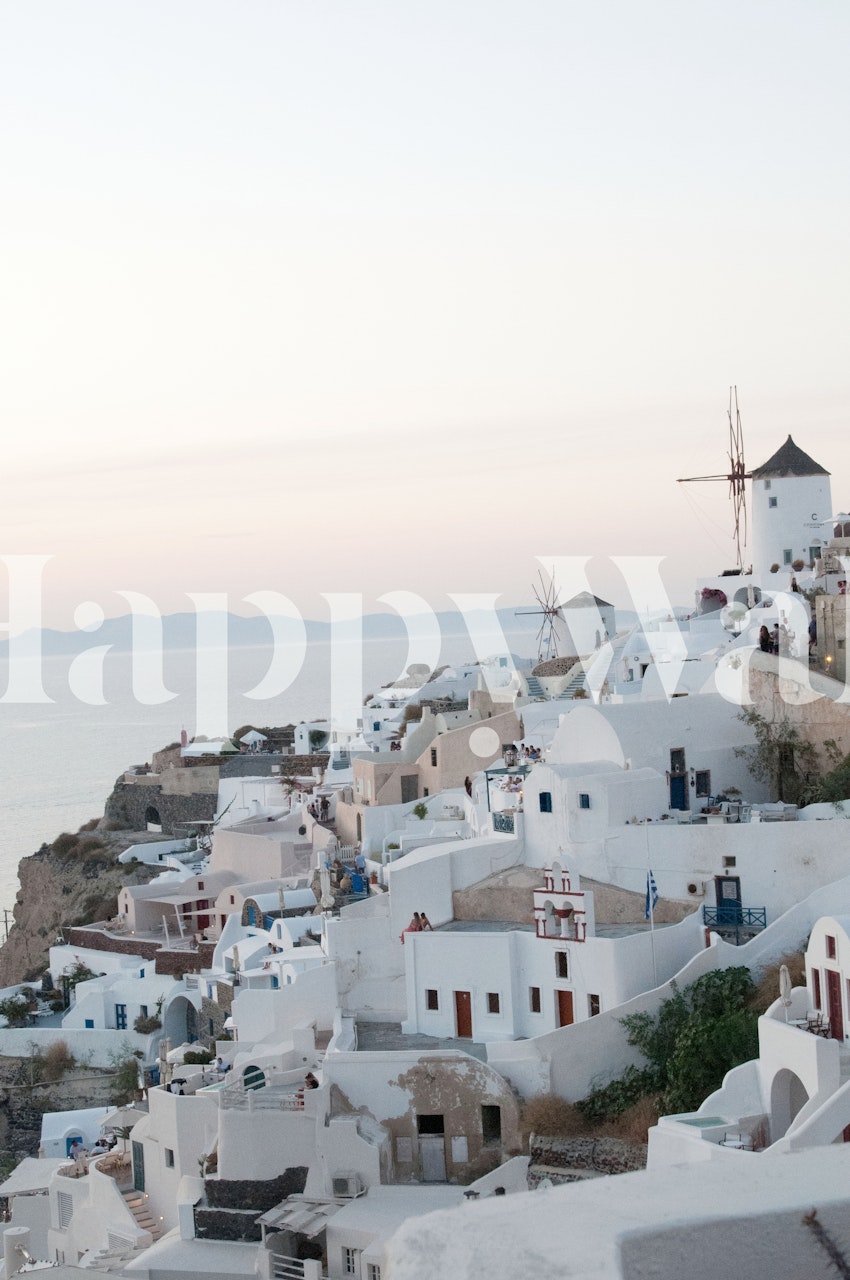 Santorini sunset wallpaper i et moderne rum