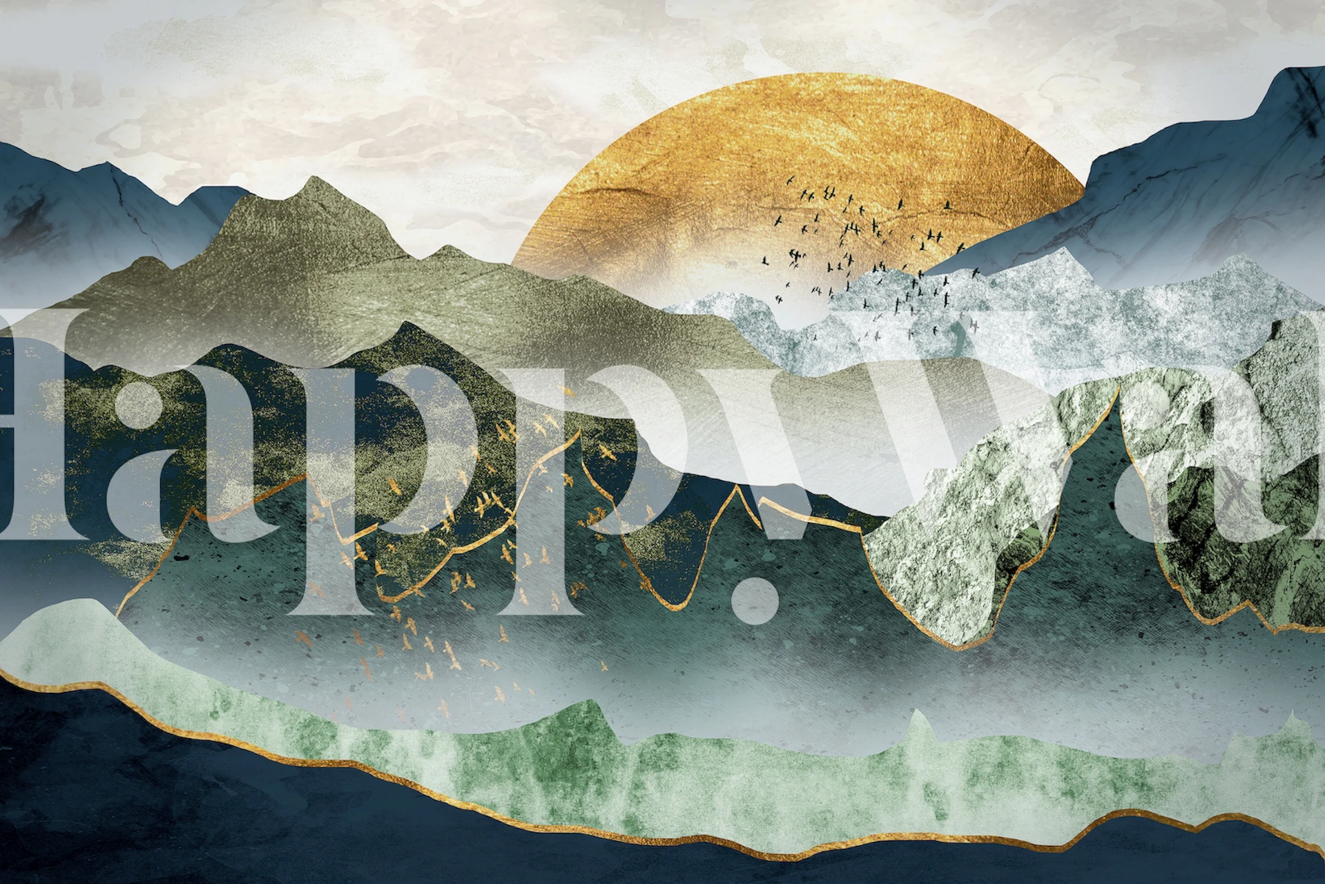 Green golden mountains wallpaper in a room