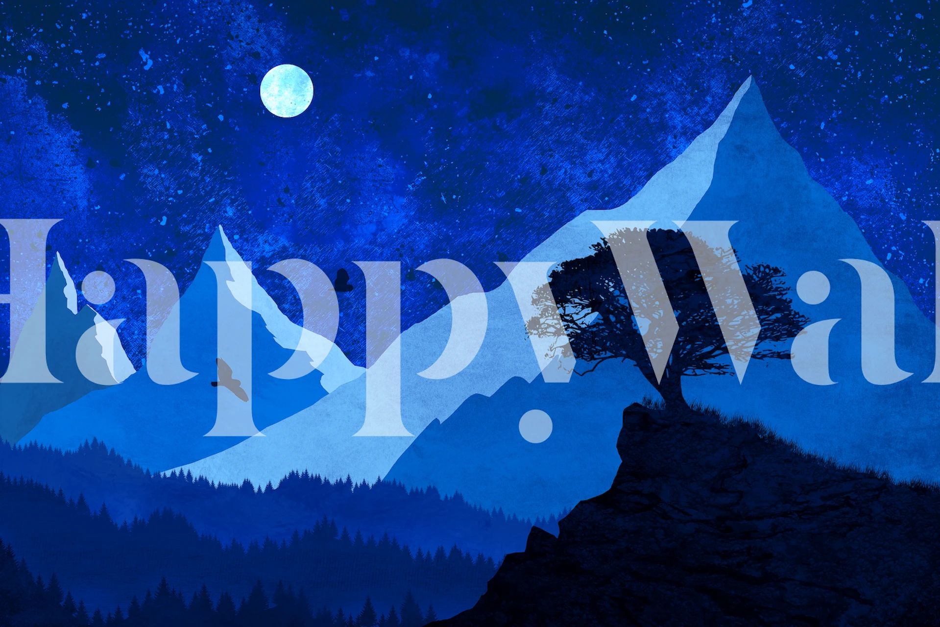 Blue mountain landscape with night sky and trees wallpaper