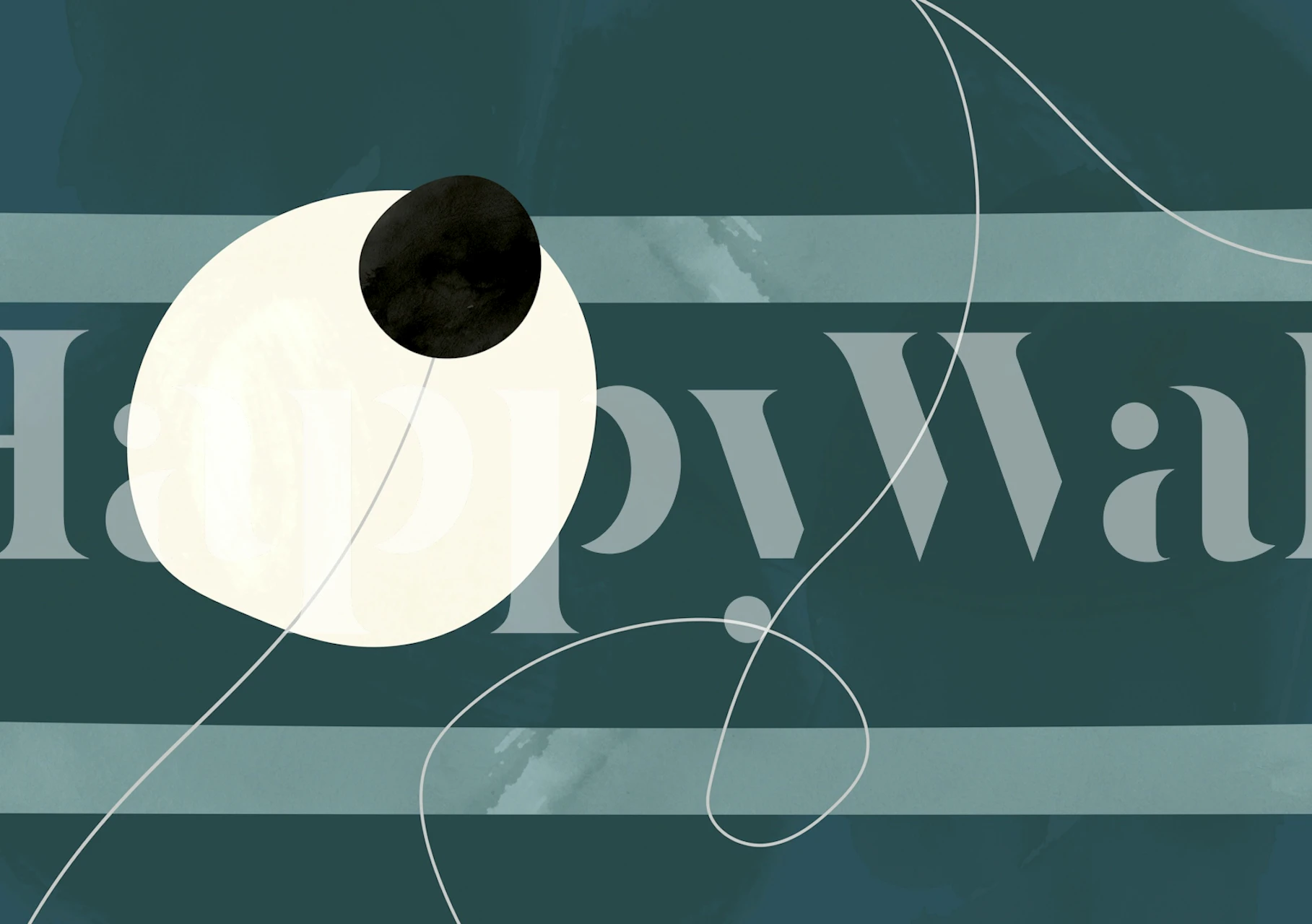 Mid Century Circles II muurschildering met geometrische vormen in groenblauw, zwart en wit