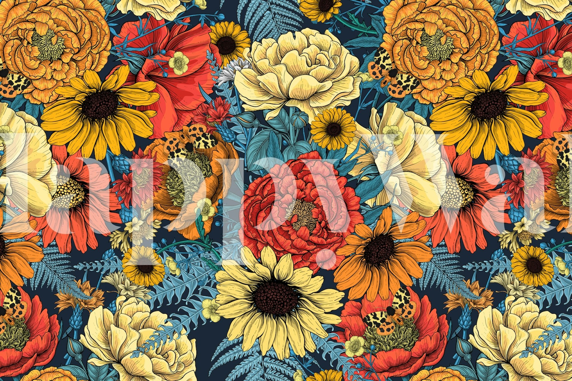 Colorful flowers and leaves on dark background wallpaper