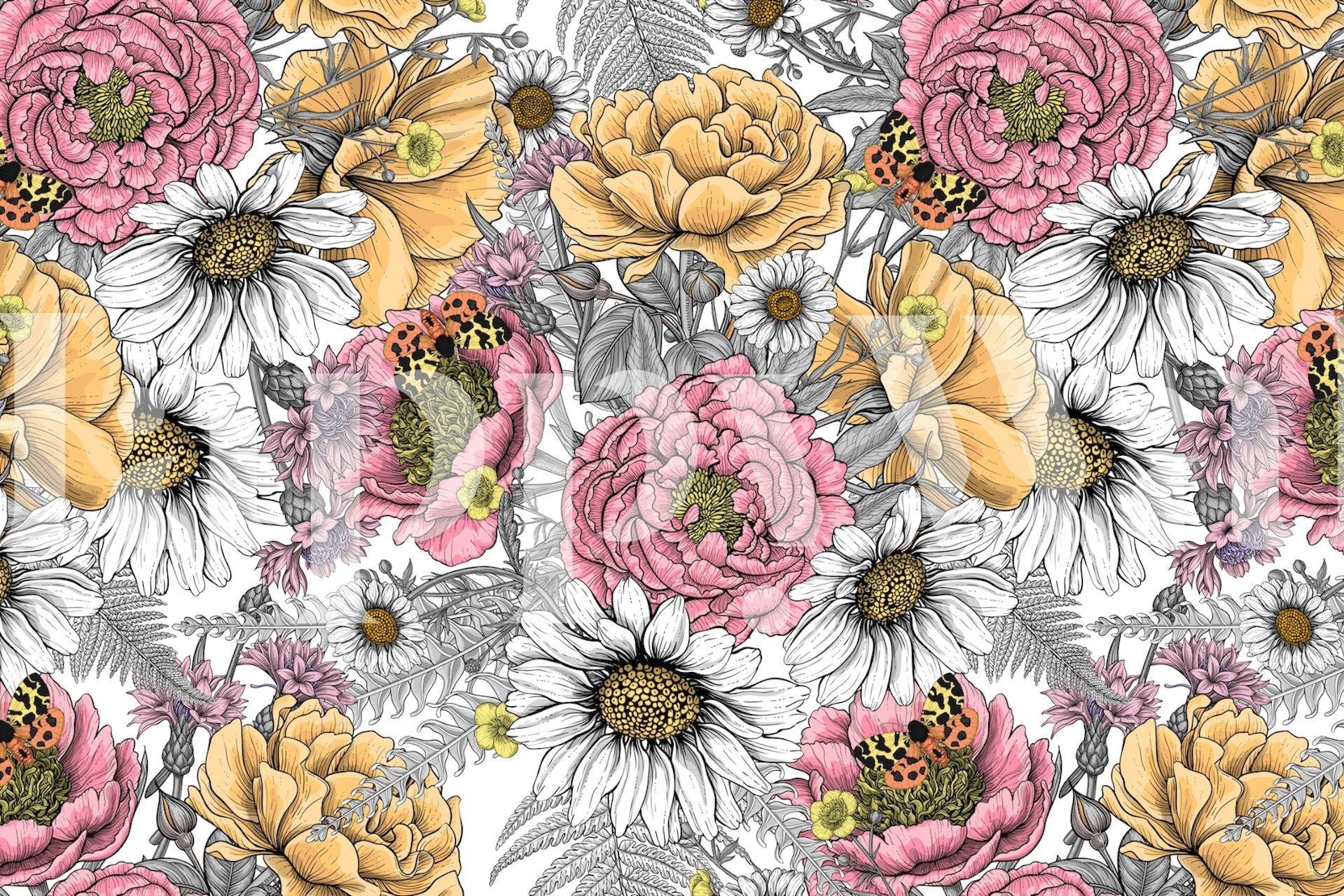 Fototapeta przedstawiająca mieszany bukiet z różowymi, żółtymi i białymi kwiatami na szarym tle