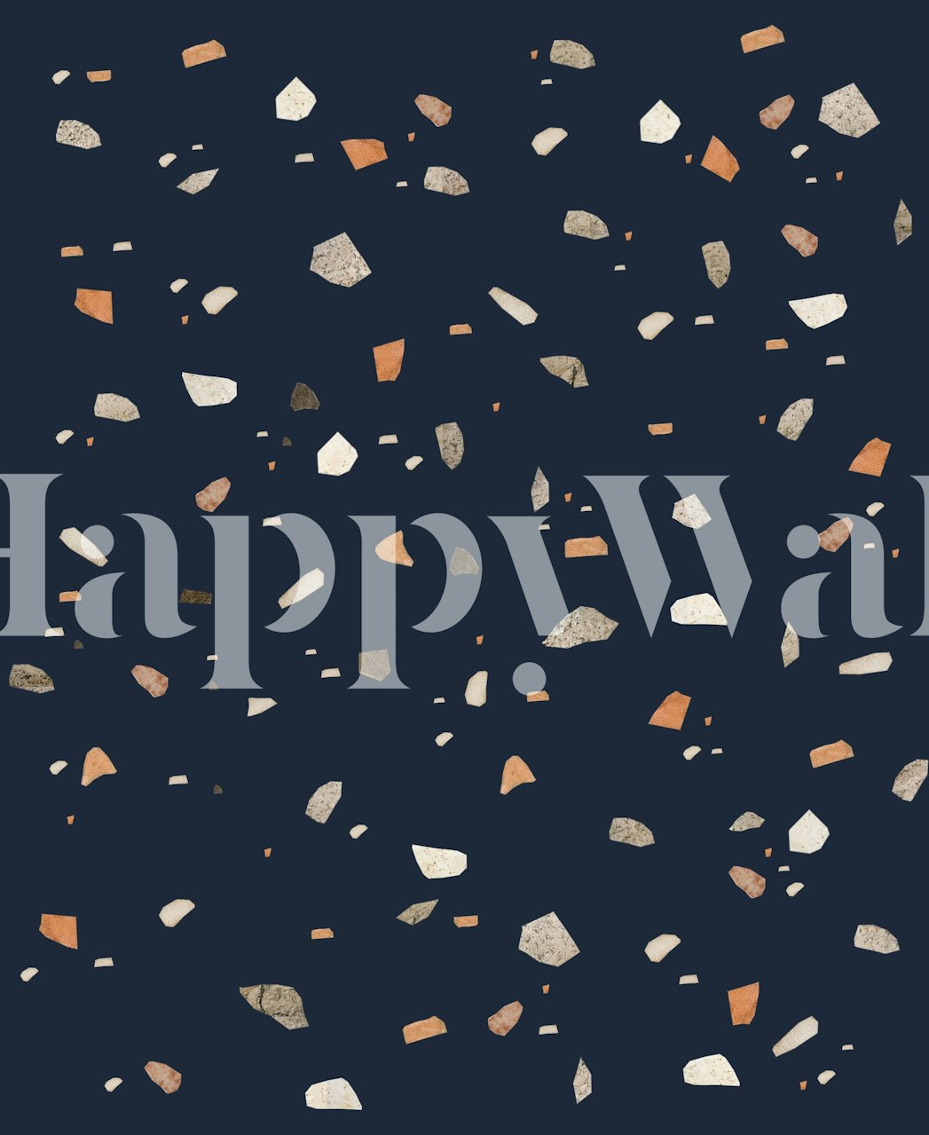 Mural de pared con estampado de terrazo azul marino medianoche con motas en tonos neutros y tierra sobre un fondo azul oscuro