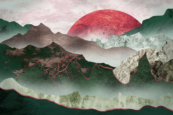 Red moon emerald mountains