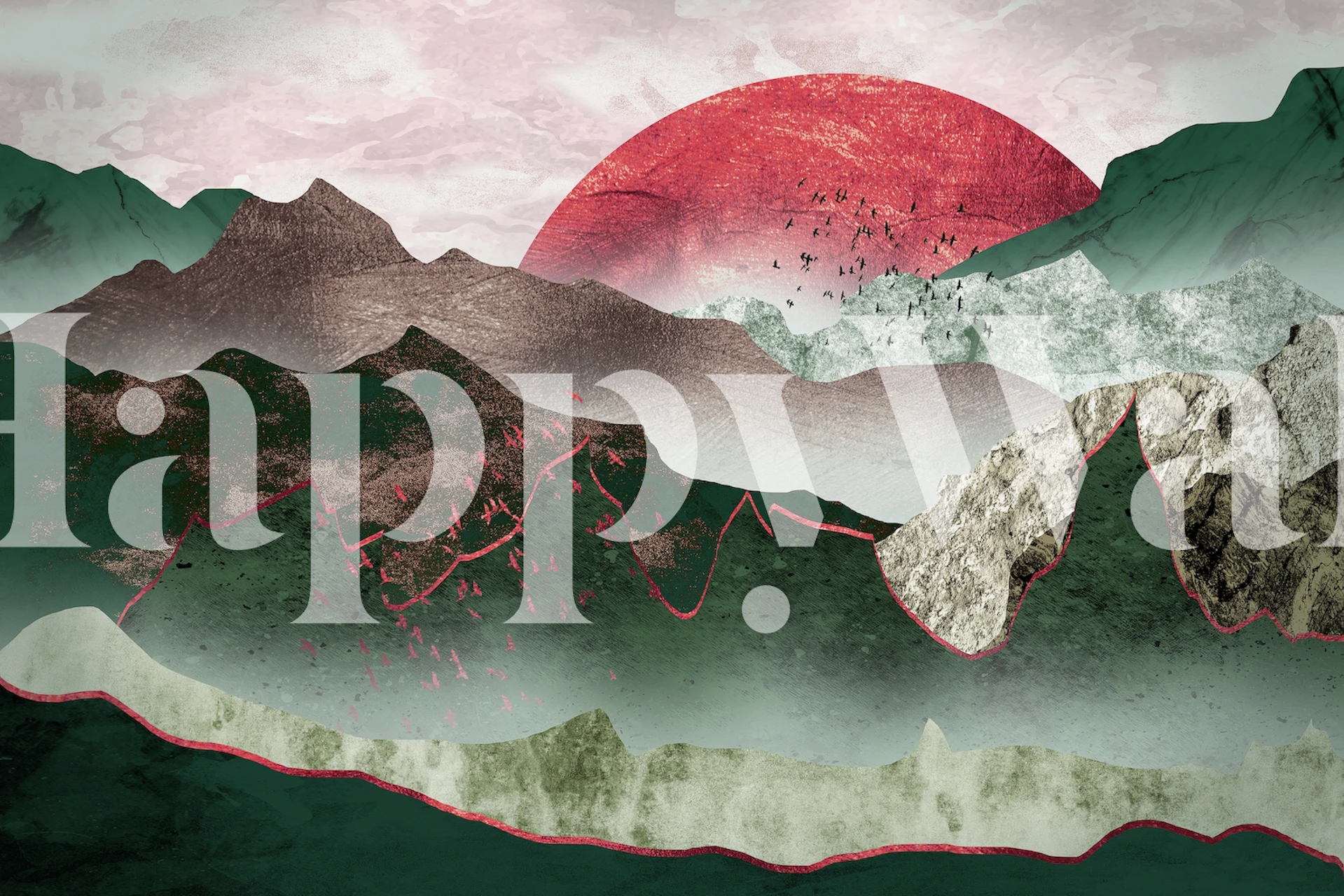 Red moon over emerald mountains in abstract style wallpaper