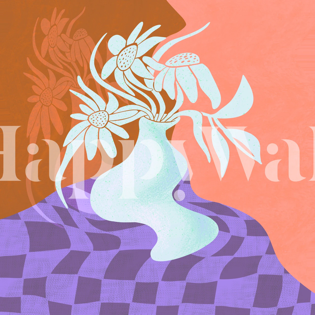 Abstract floral design with colorful vase and flowers in peach, purple, and white wallpaper
