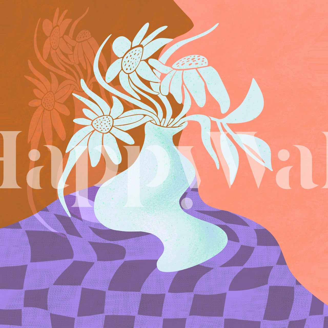 Abstract floral design with colorful vase and flowers in peach, purple, and white wallpaper