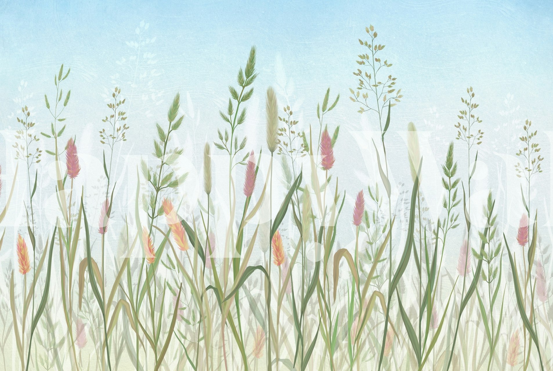 Fotomural de pradera en tonos pastel con un sereno diseño de flores silvestres