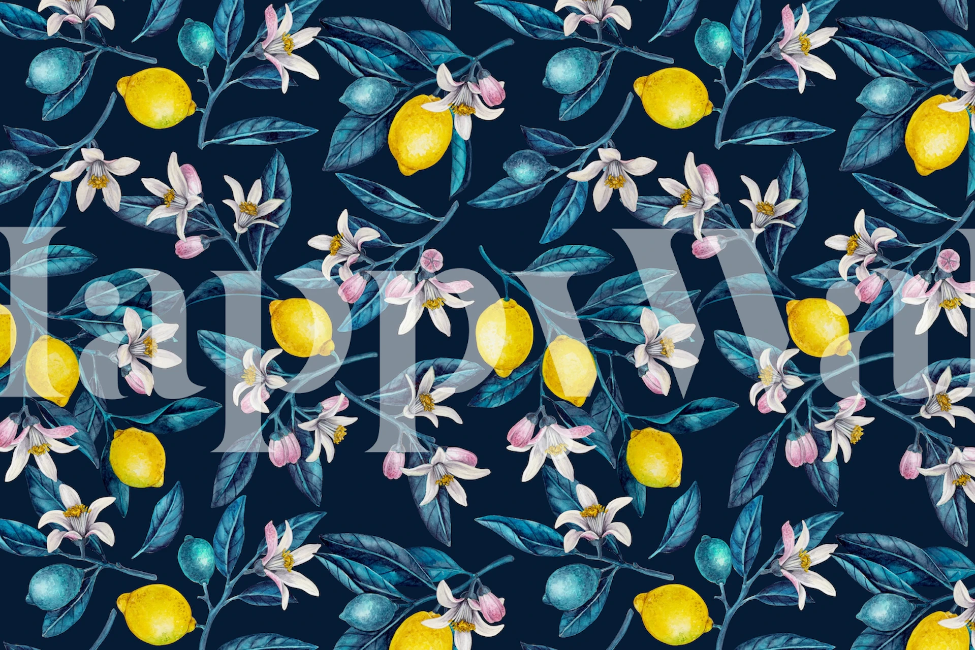Limões amarelos brilhantes e flores florais suaves em um fotomural vinílico de parede com fundo escuro e contrastante